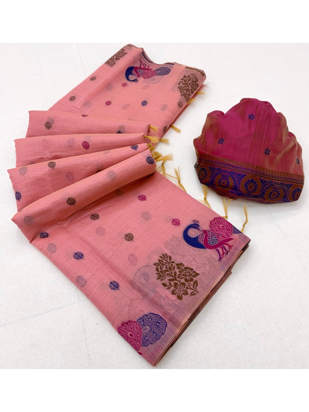 Elegant Pink Cotton Blend Saree with Traditional Peacock Woven Motifs - Image 3