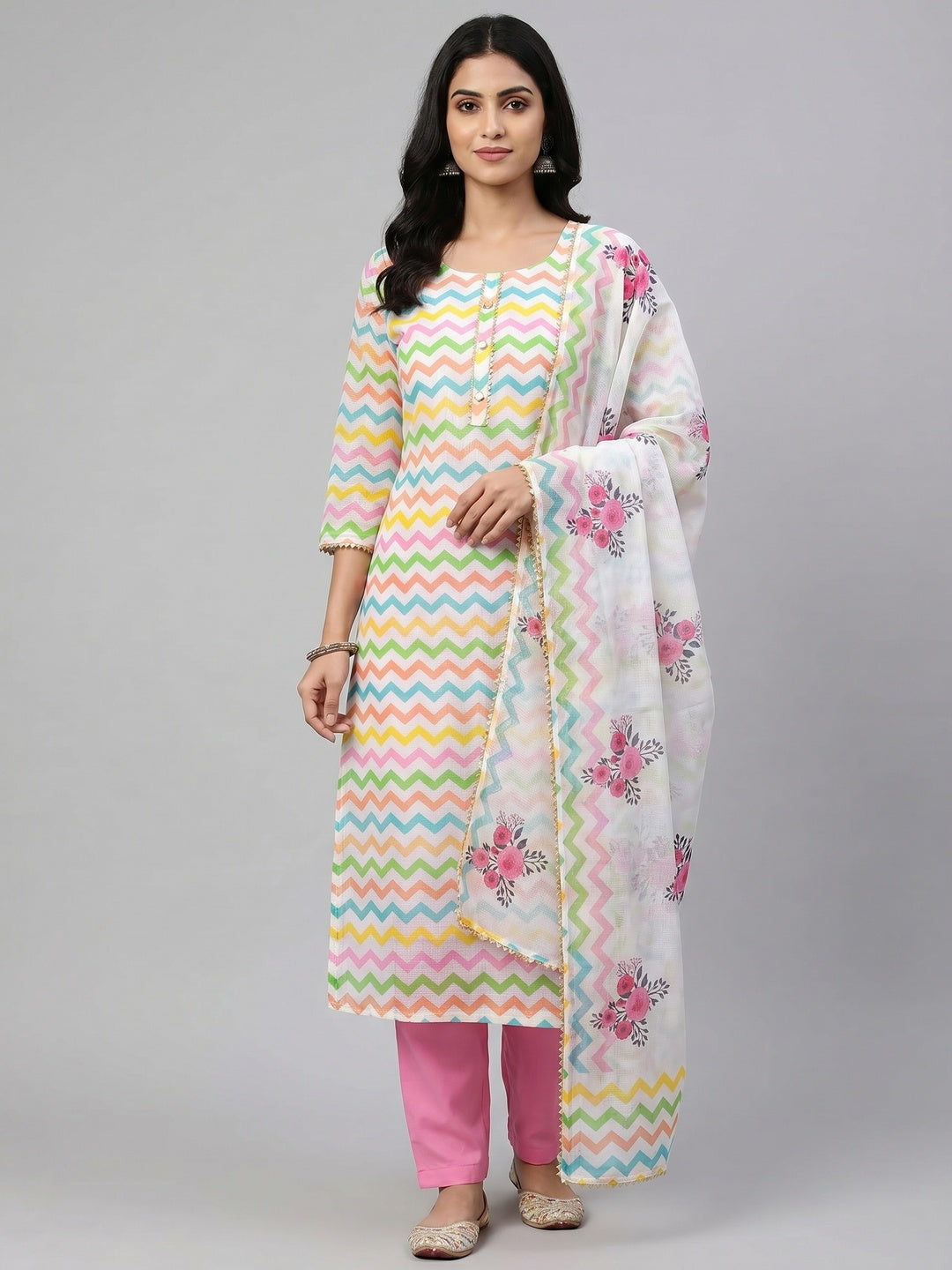 Multicolour Printed Kota Doriya Dress Material - Image 1