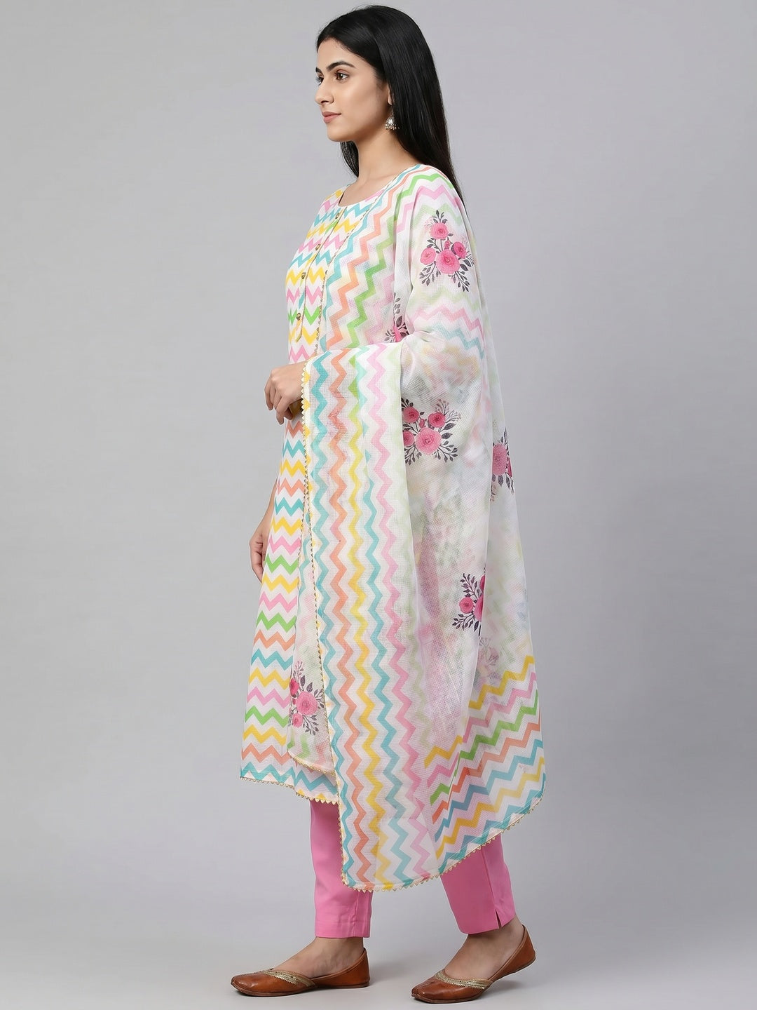 Multicolour Printed Kota Doriya Dress Material - Image 2