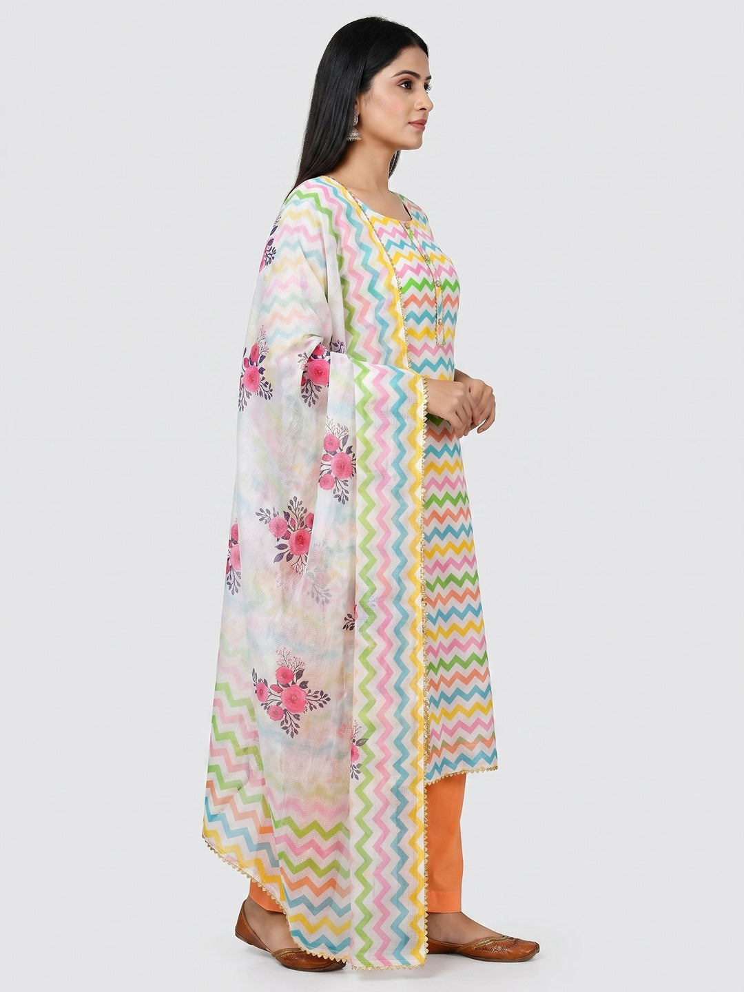 Multicolour Printed Kota Doriya Dress Material - Image 2