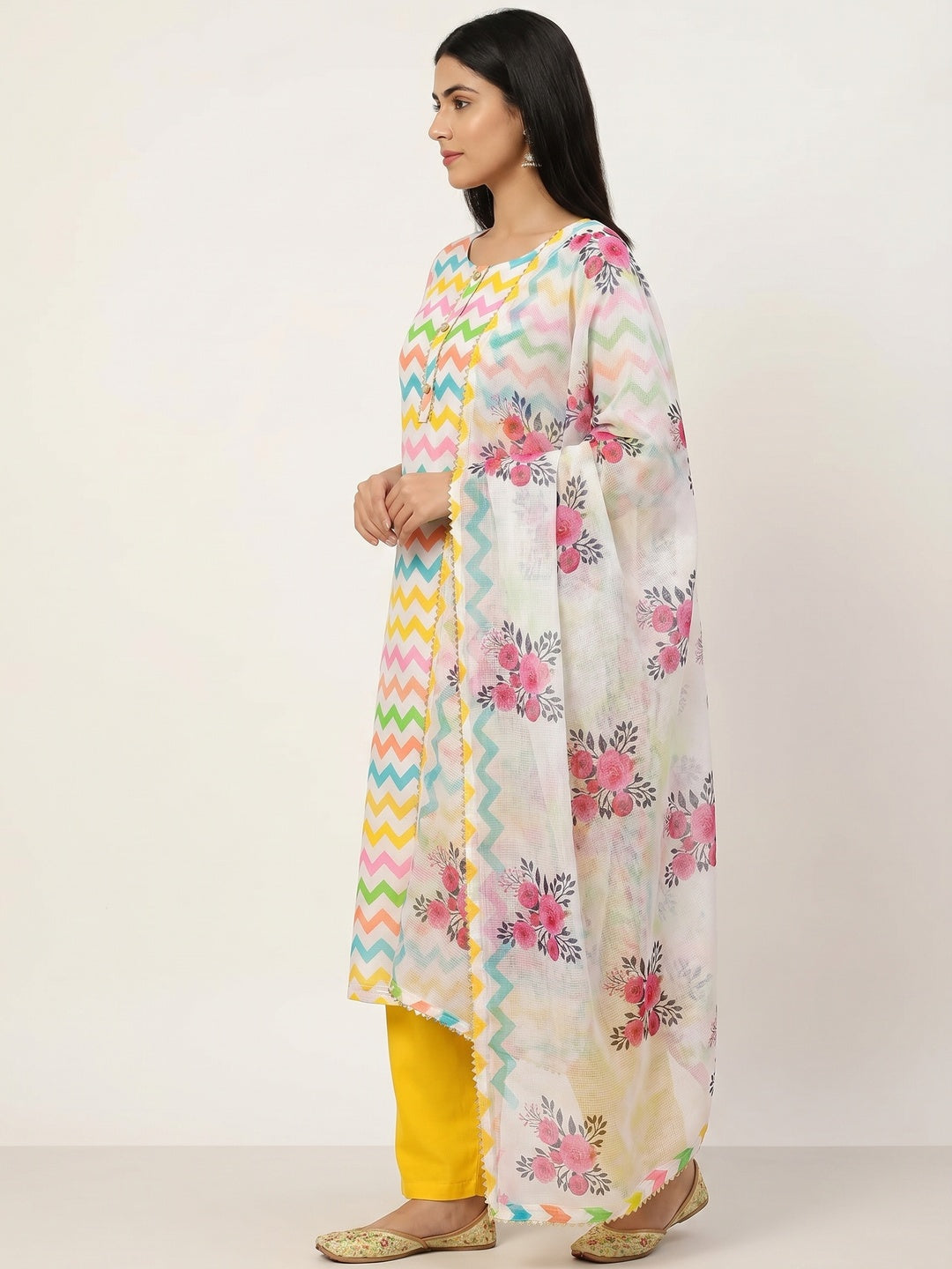 Multicolour Printed Kota Doriya Dress Material - Image 3
