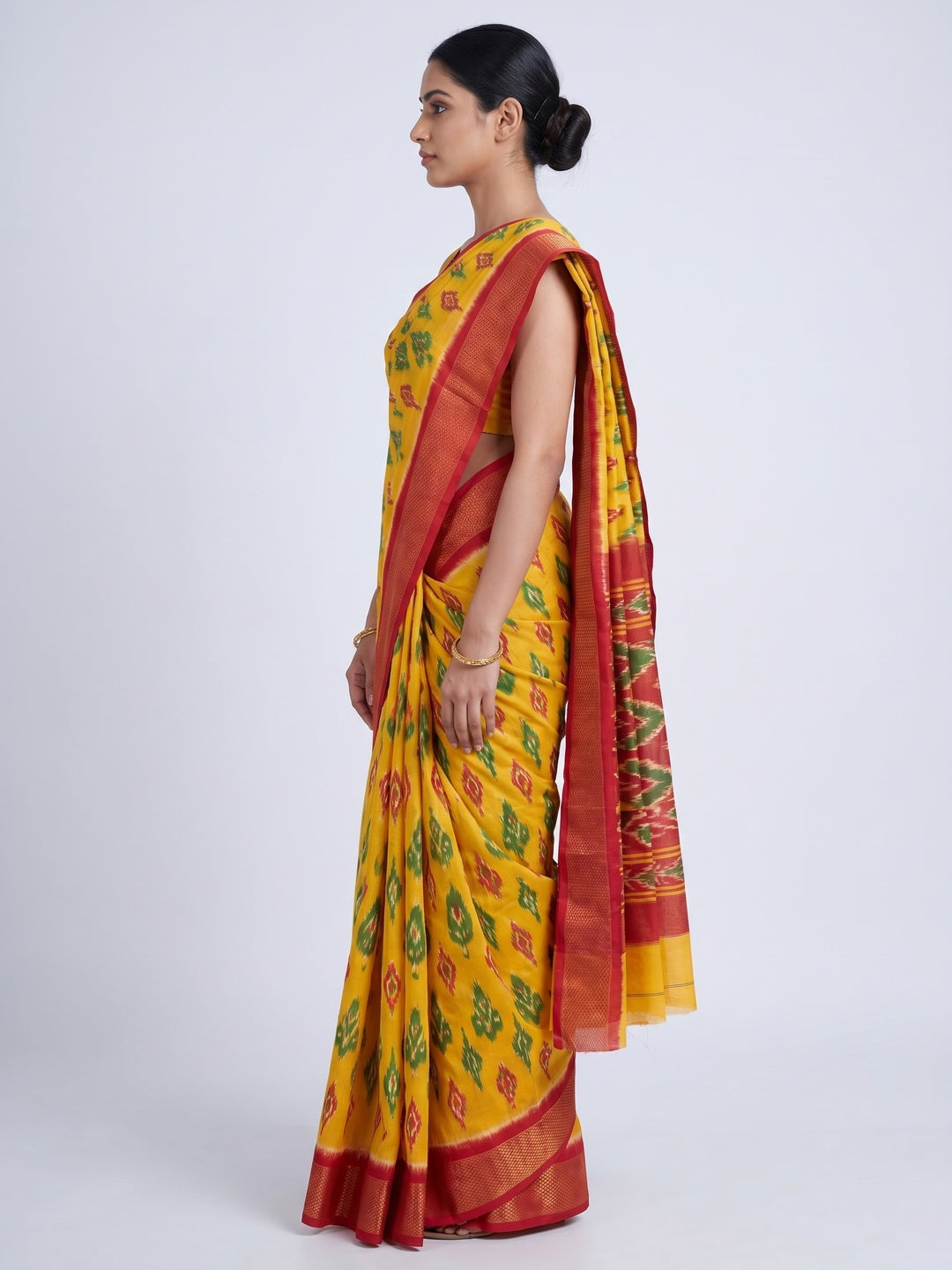 Yellow Ikkat Printed Pure Cotton Saree - Image 2