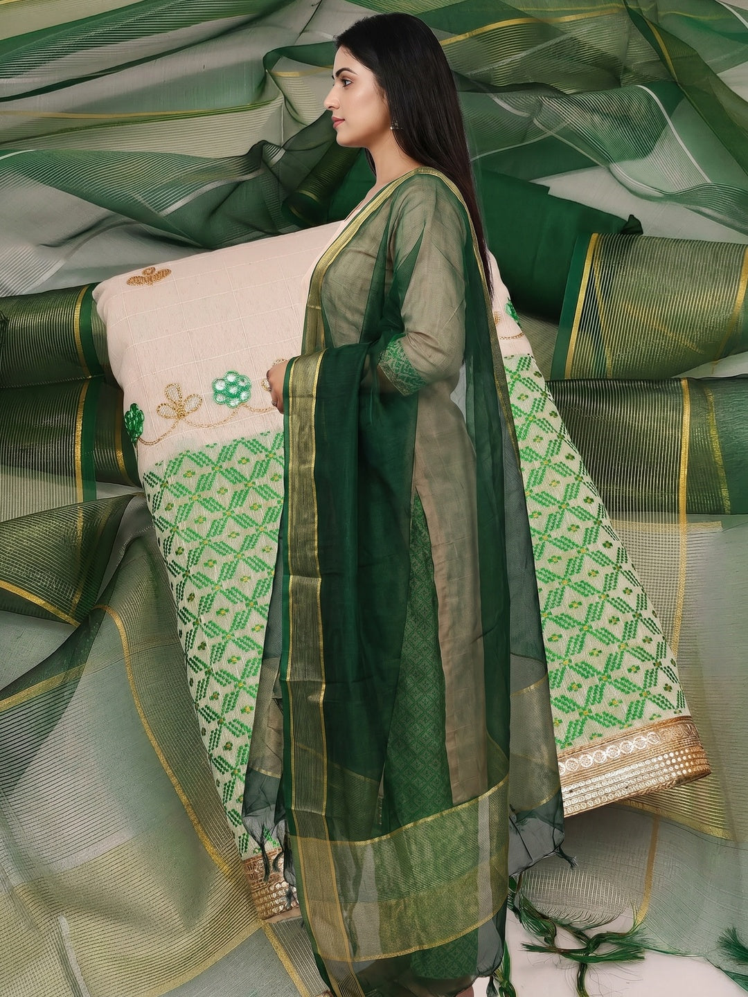 Green Embroidered Jacquard Dress Material - Image 3