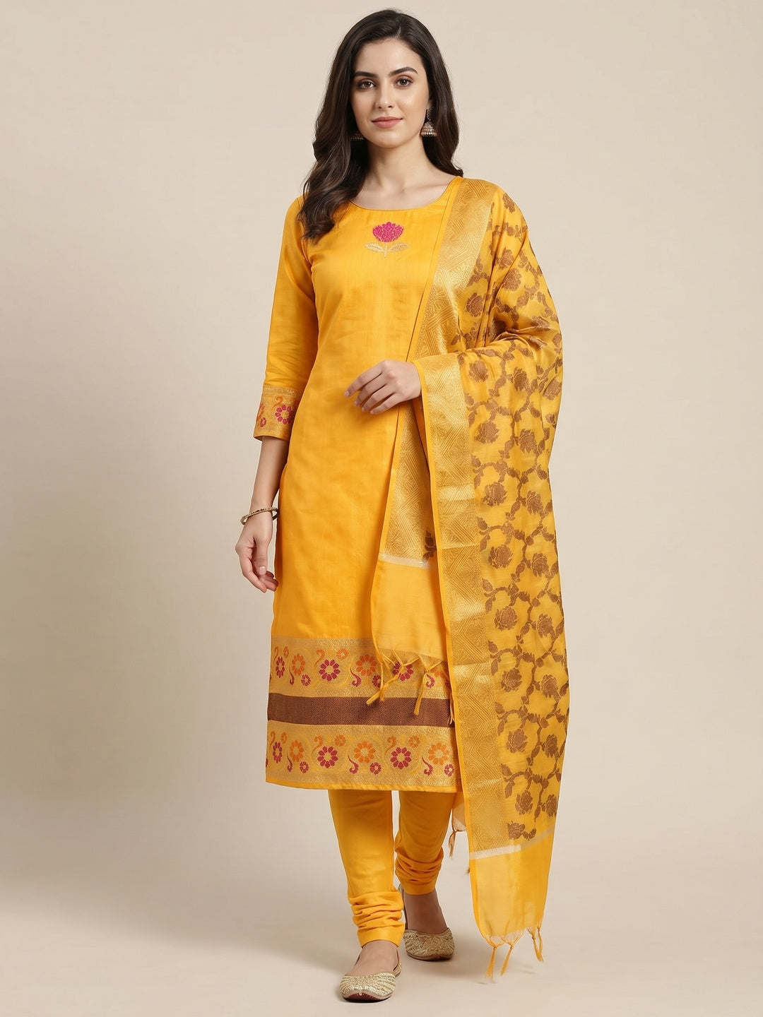 Yellow Woven Banarasi Jacqaurd Dress Material - Image 1