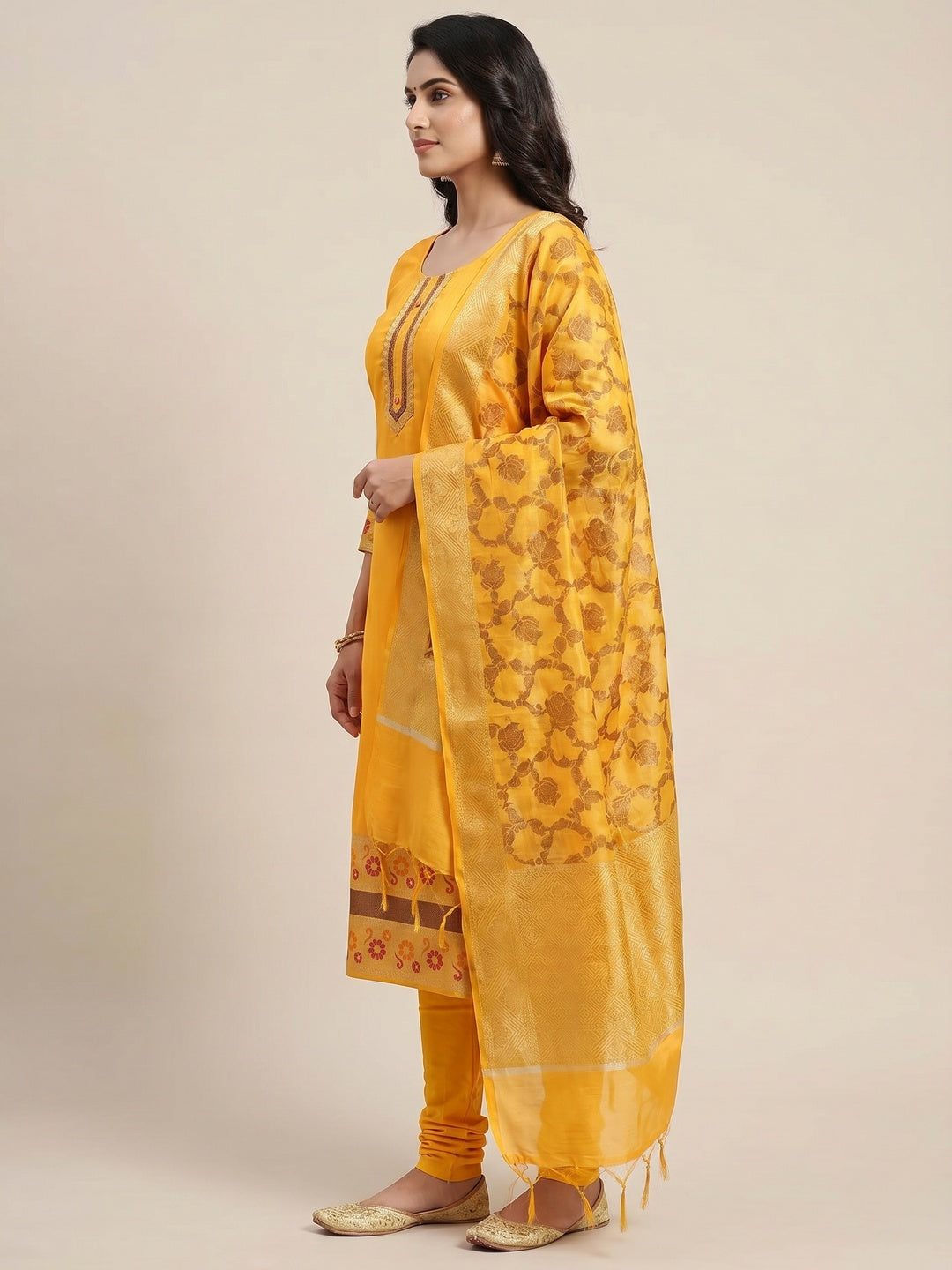 Yellow Woven Banarasi Jacqaurd Dress Material - Image 2