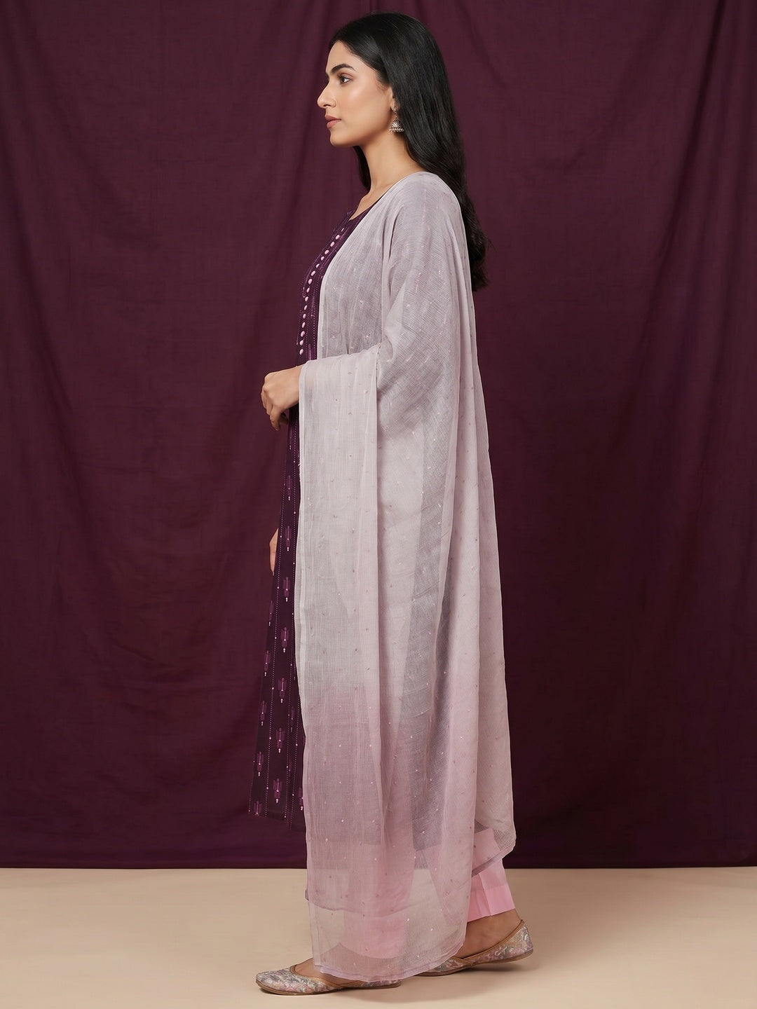 Wine Printed Cotton Dress Material - Image 3