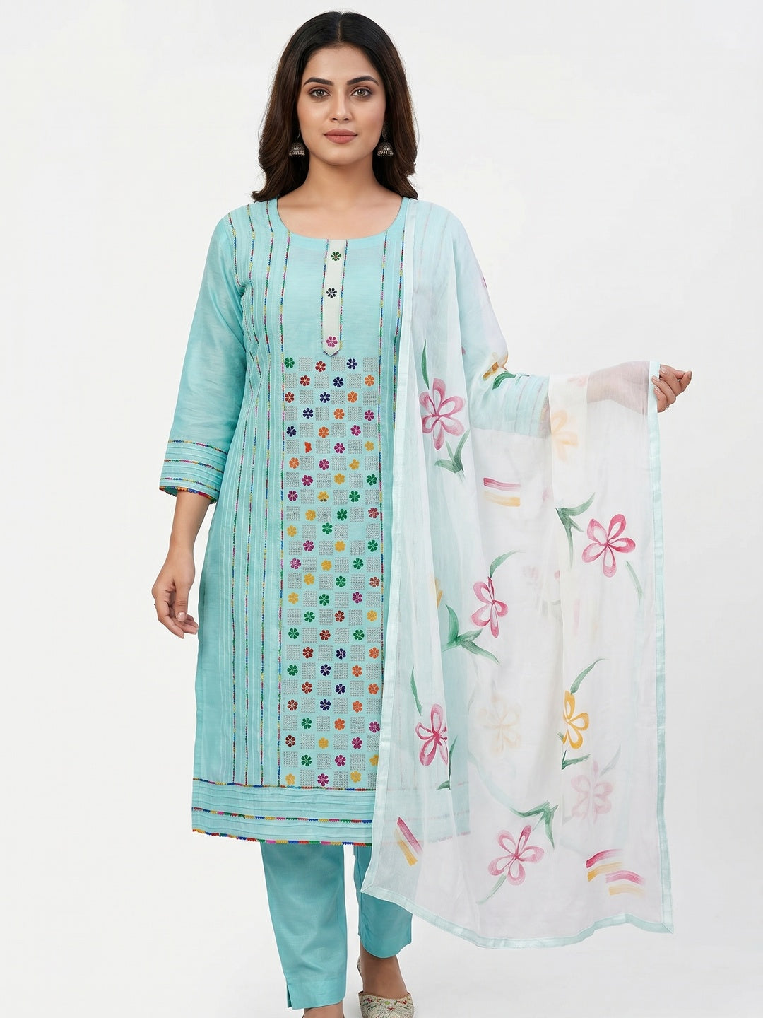 Blue Floral Embroidered Chanderi Dress Material - Image 1