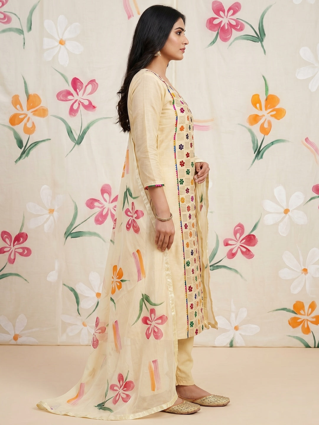 Cream Floral Embroidered Chanderi Dress Material - Image 2