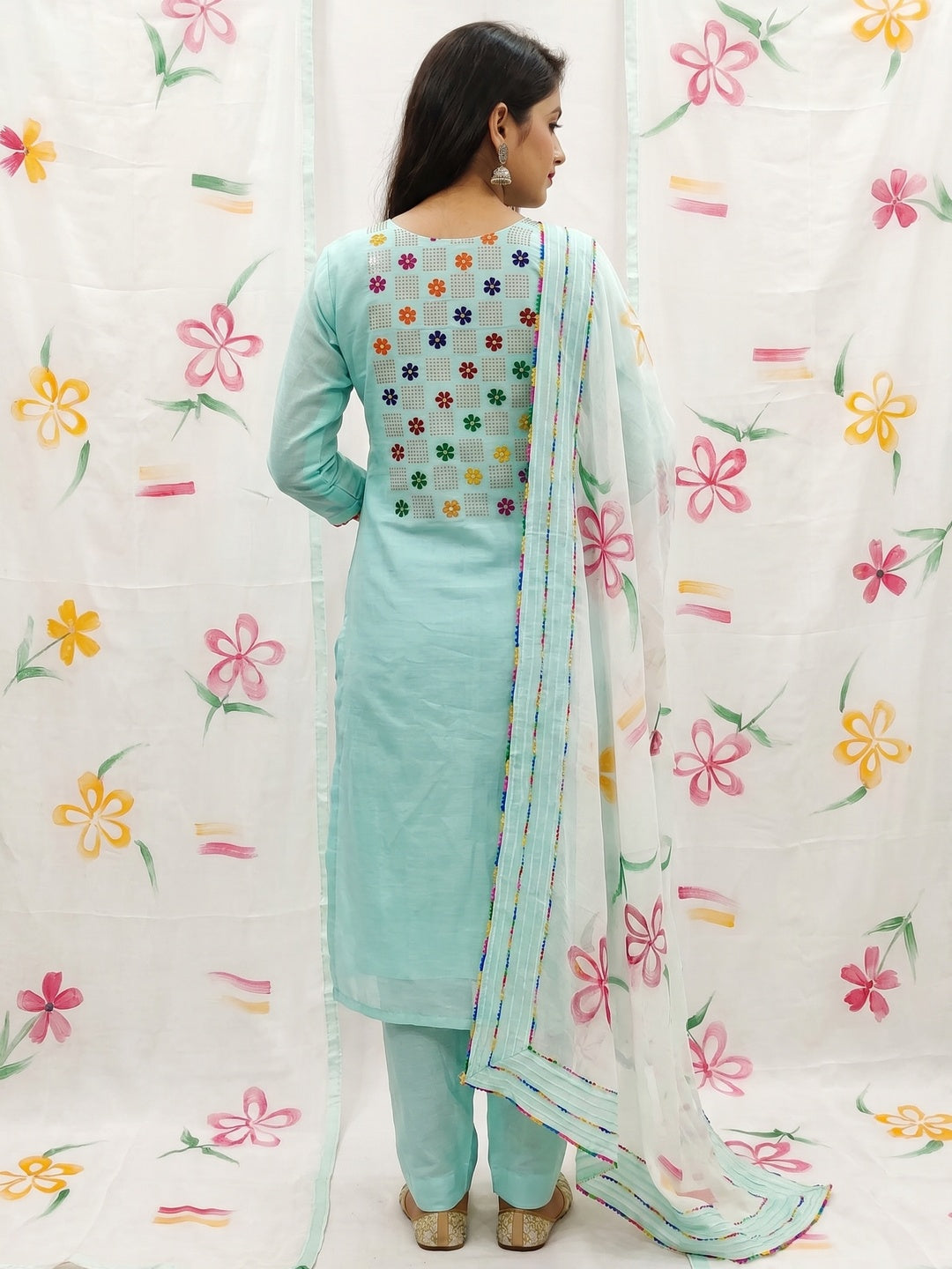 Blue Floral Embroidered Chanderi Dress Material - Image 3