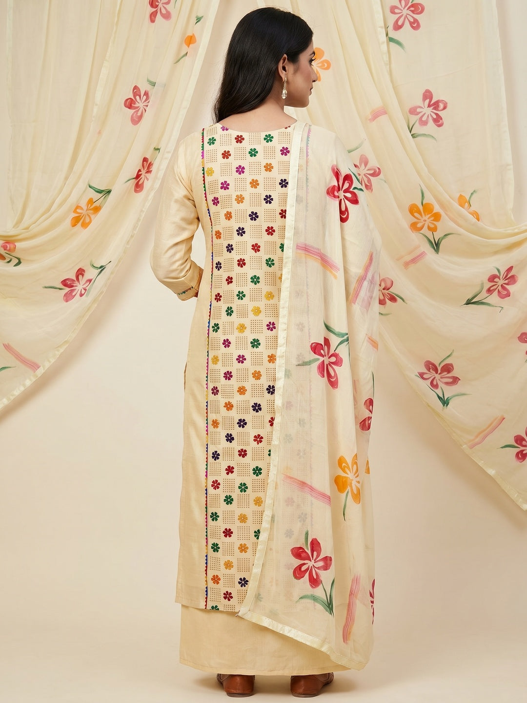 Cream Floral Embroidered Chanderi Dress Material - Image 1