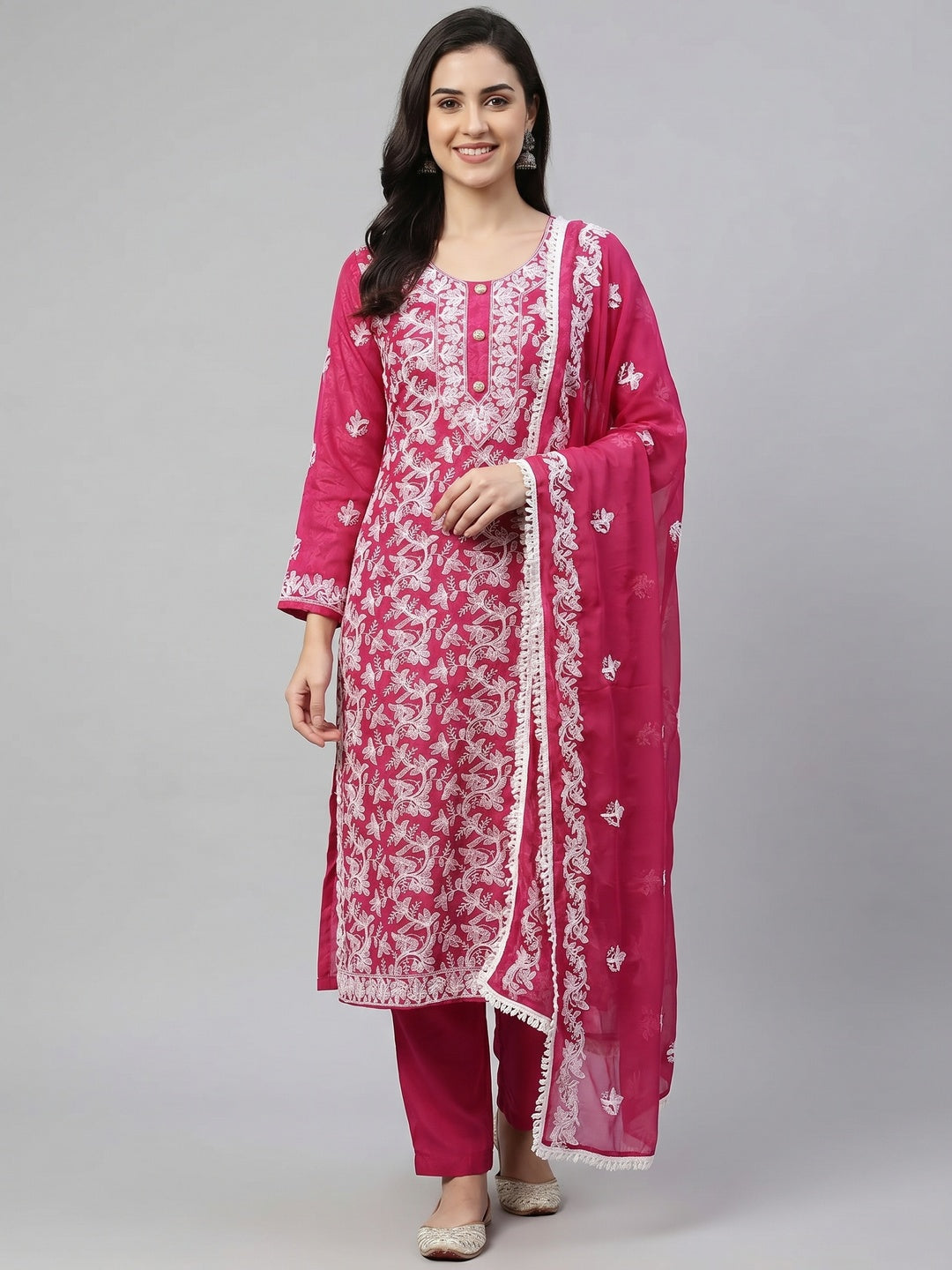 Rani Pink Lucknowi Embroidered Modal Dress Material - Image 1