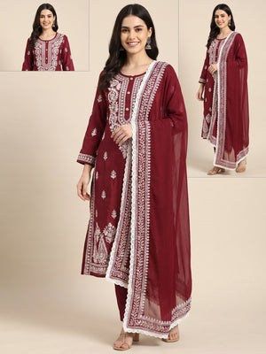 Maroon Lucknowi Embroidered Modal Dress Material - Image 1