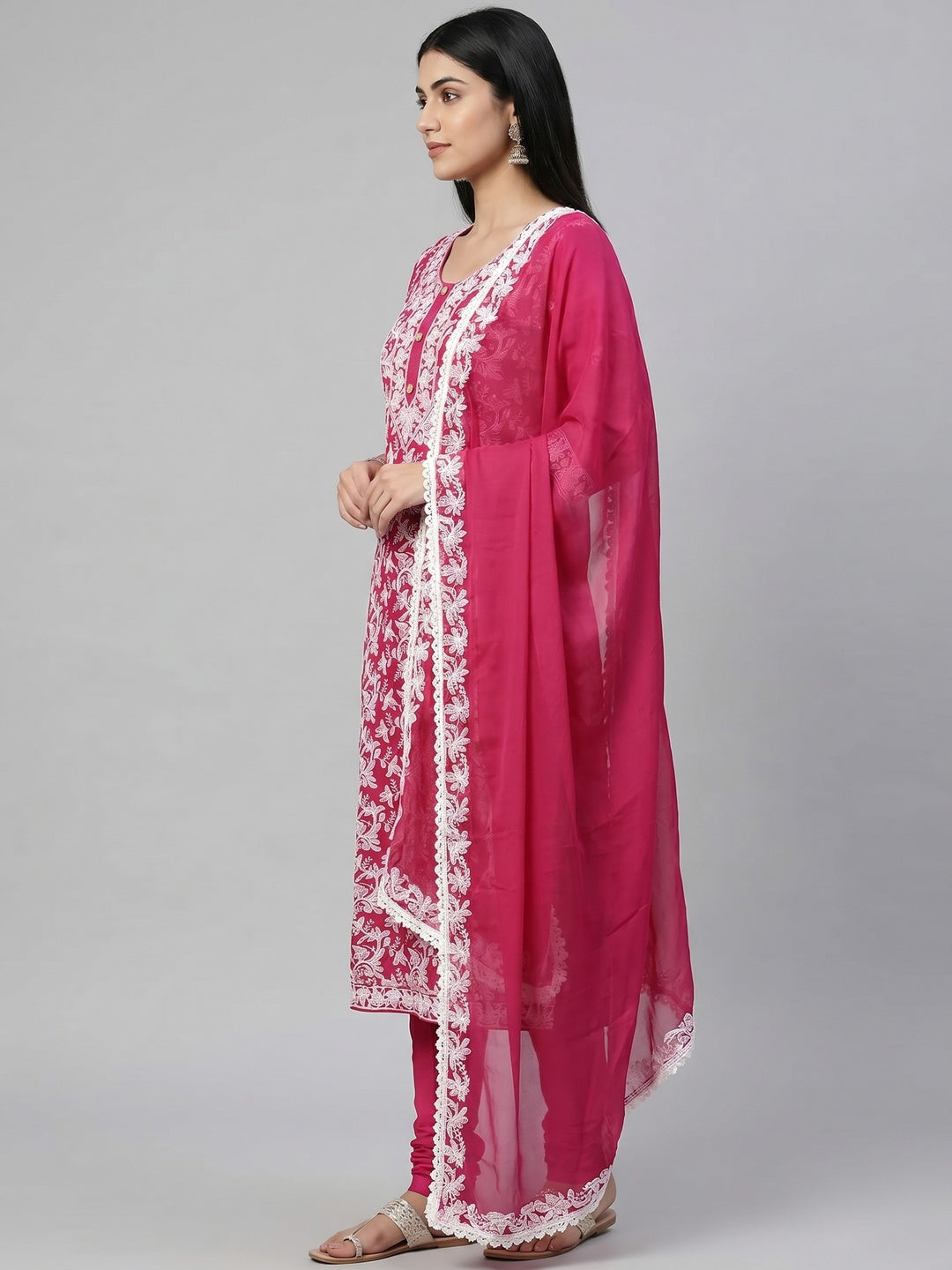 Rani Pink Lucknowi Embroidered Modal Dress Material - Image 2