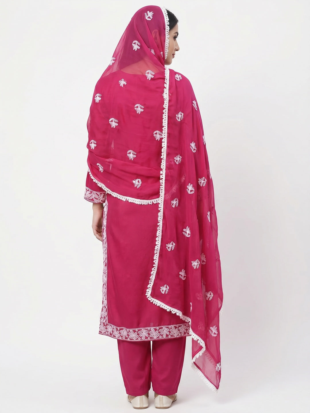 Rani Pink Lucknowi Embroidered Modal Dress Material - Image 3