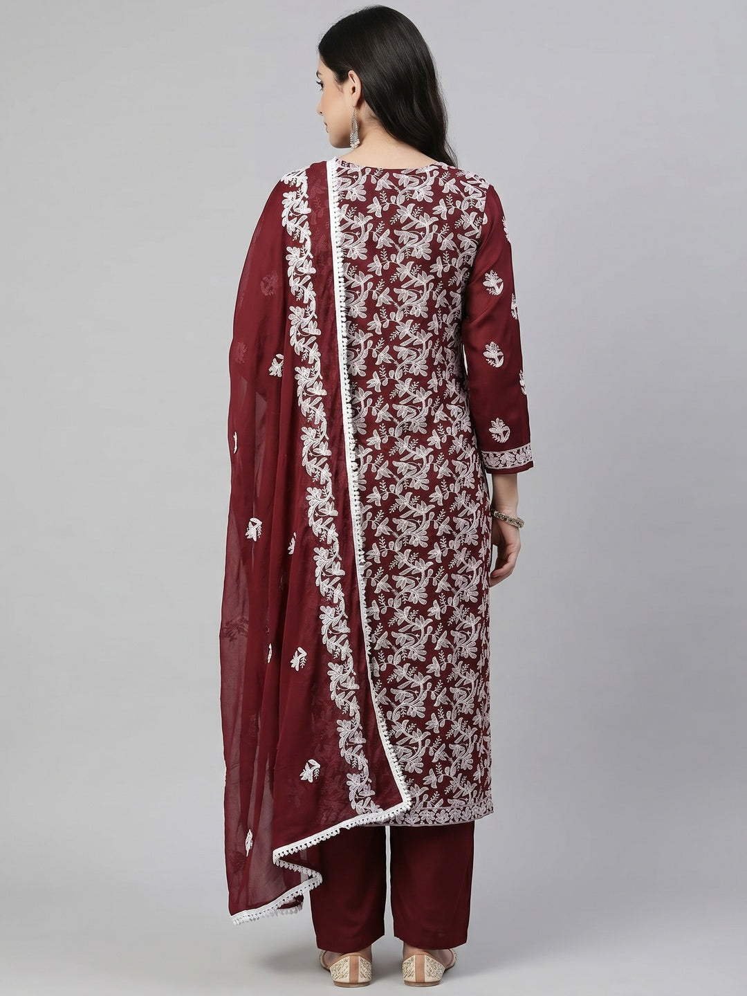 Maroon Lucknowi Embroidered Modal Dress Material - Image 2