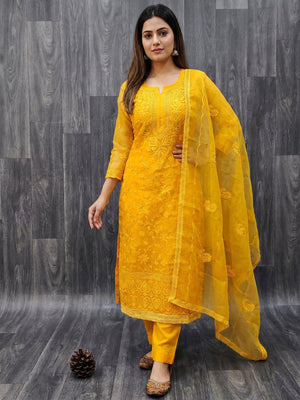 Yellow Lucknowi Embroidered Organza Dress Material - Image 1