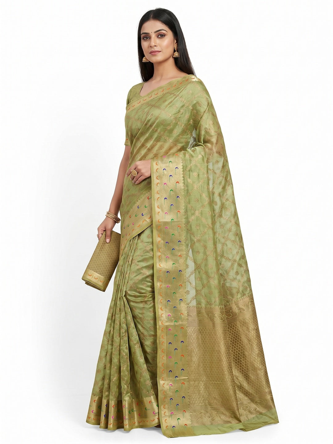 Green Woven Organza Saree - Image 1