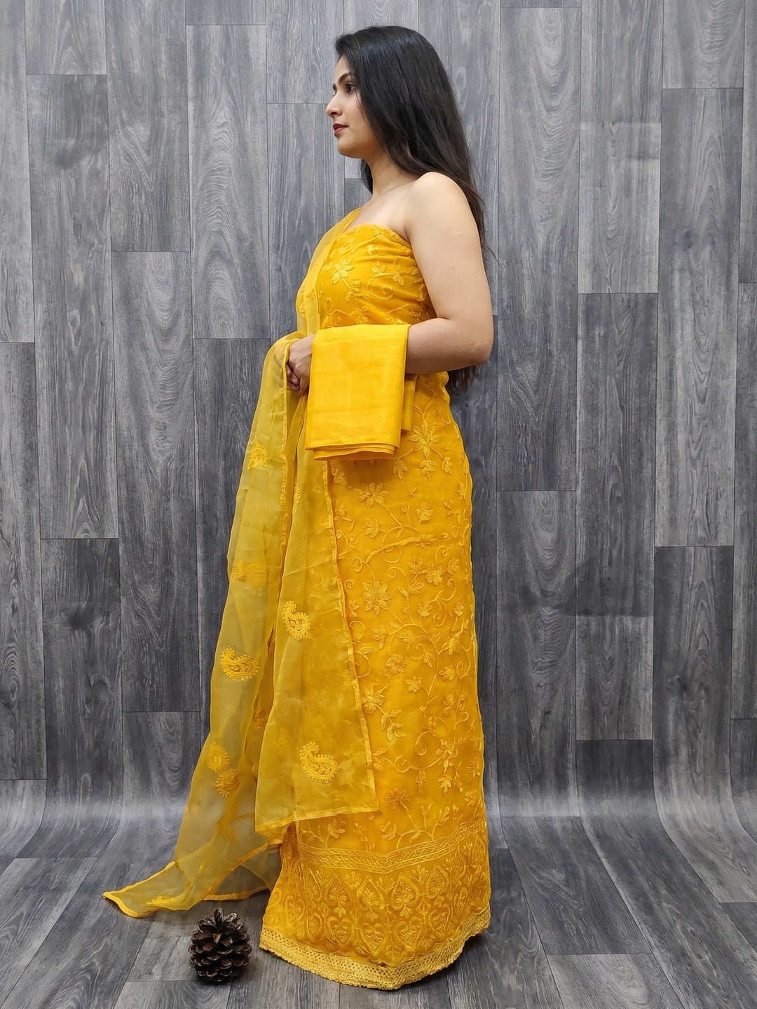 Yellow Lucknowi Embroidered Organza Dress Material - Image 3
