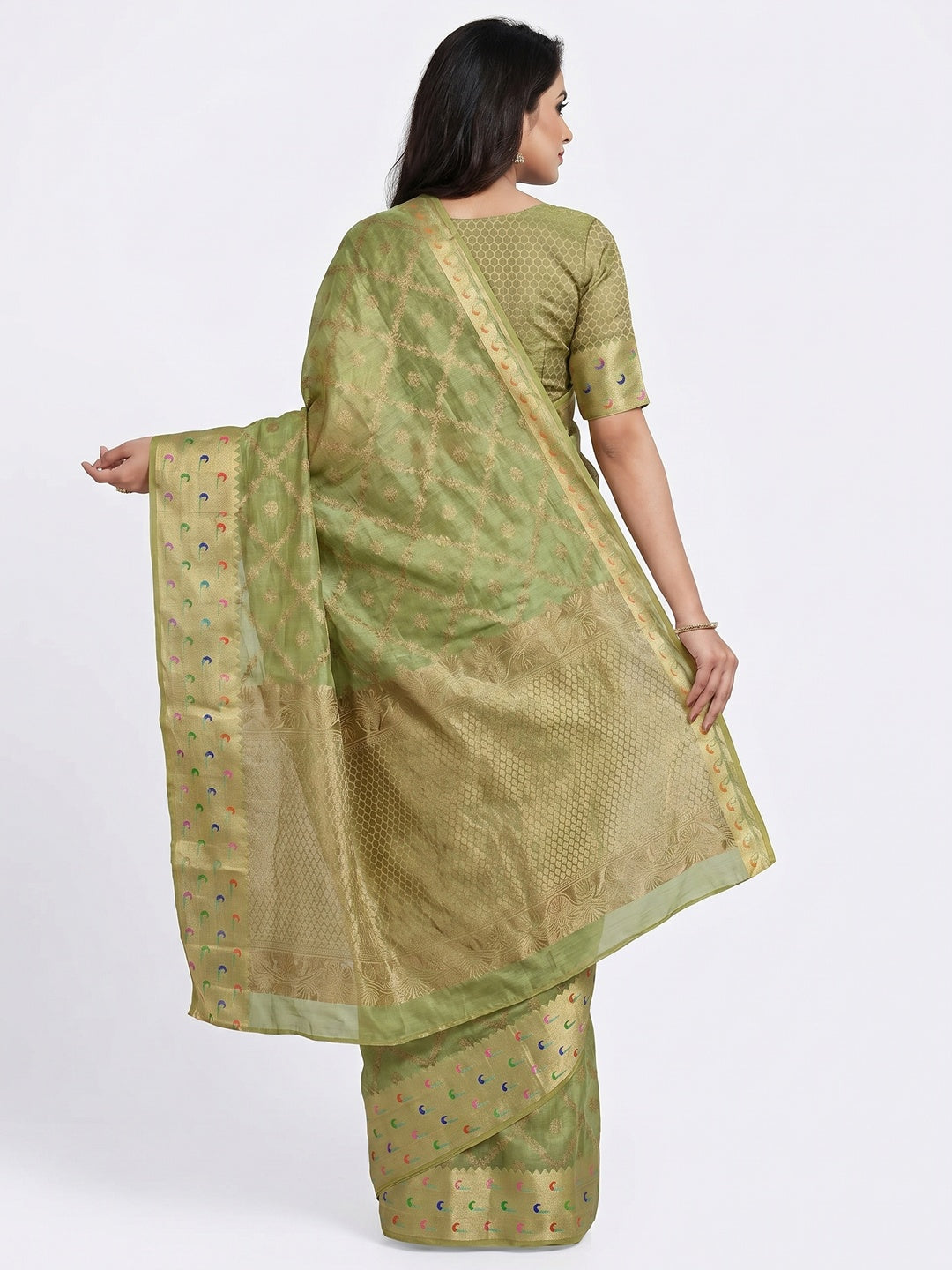 Green Woven Organza Saree - Image 3