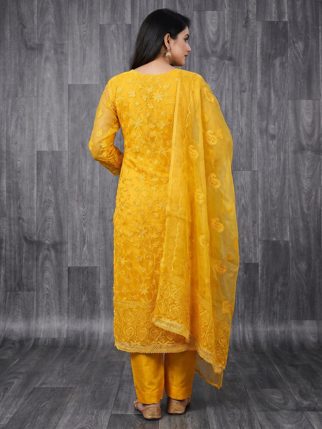 Yellow Lucknowi Embroidered Organza Dress Material - Image 2