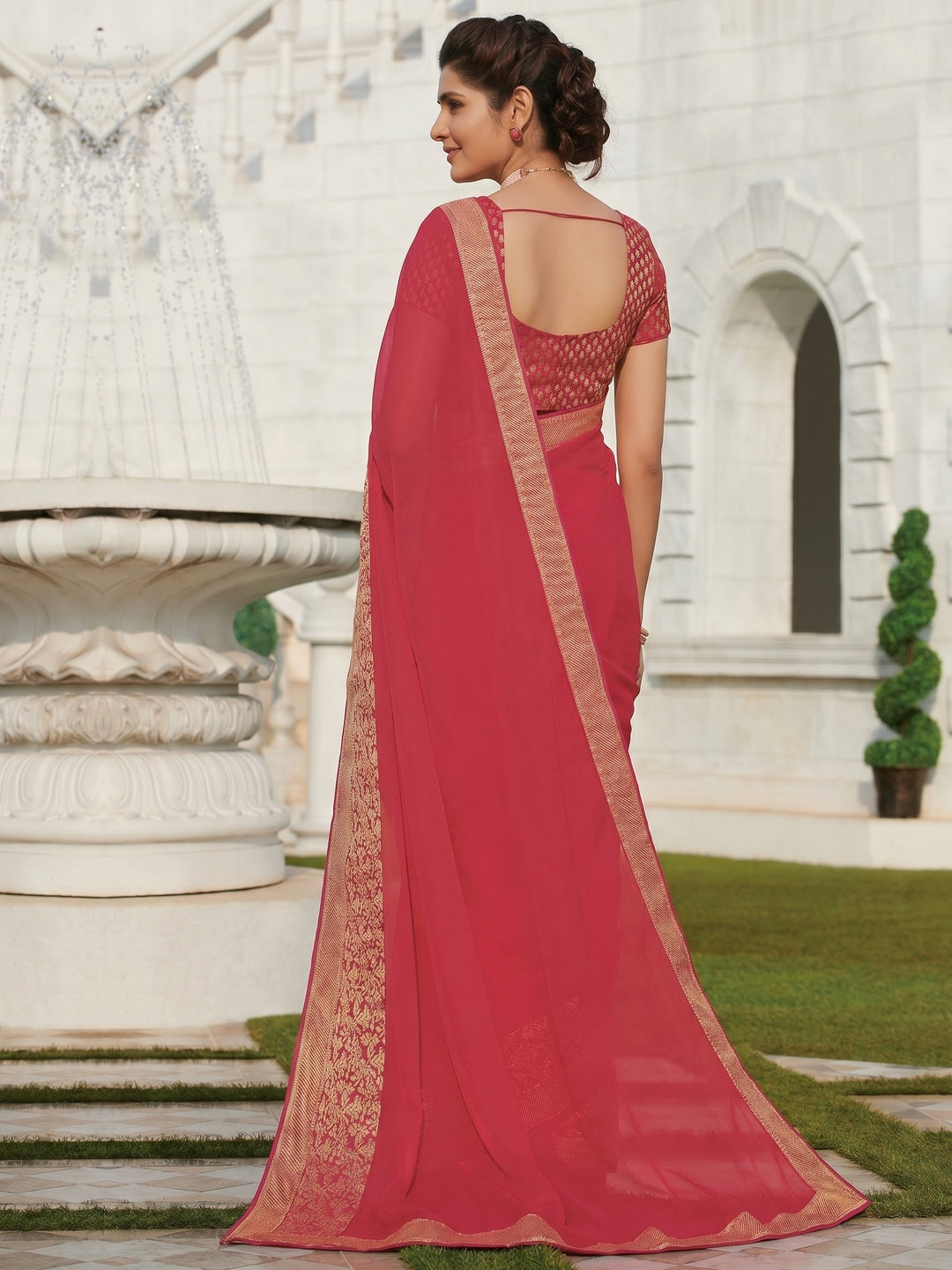 Energetic Pink Colored Party Wear Embroidered Chiffon Saree - Image 1