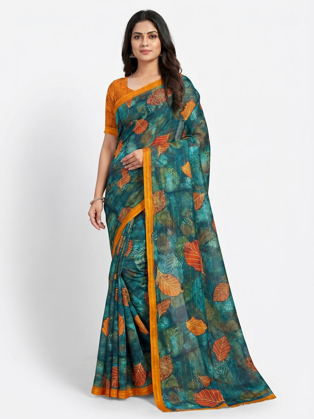 Rama Blue Casual Wear Digital Printed Cotton Silk Saree - Image 1