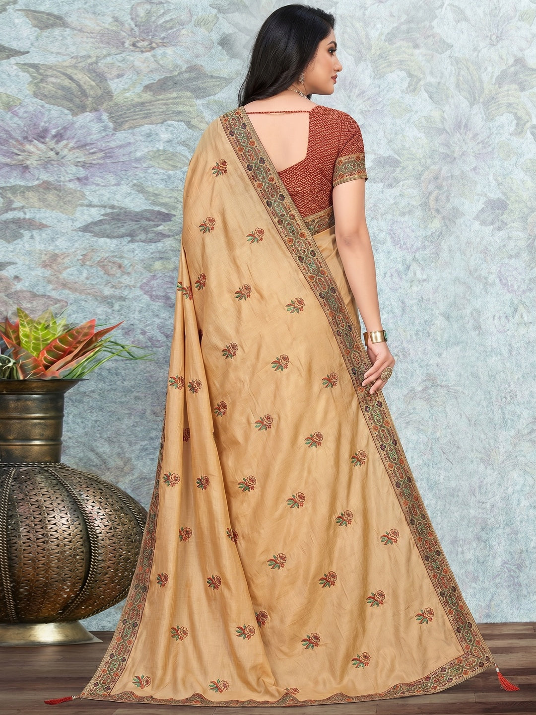 Gold Party Wear Embroidered Silk Saree - Image 1