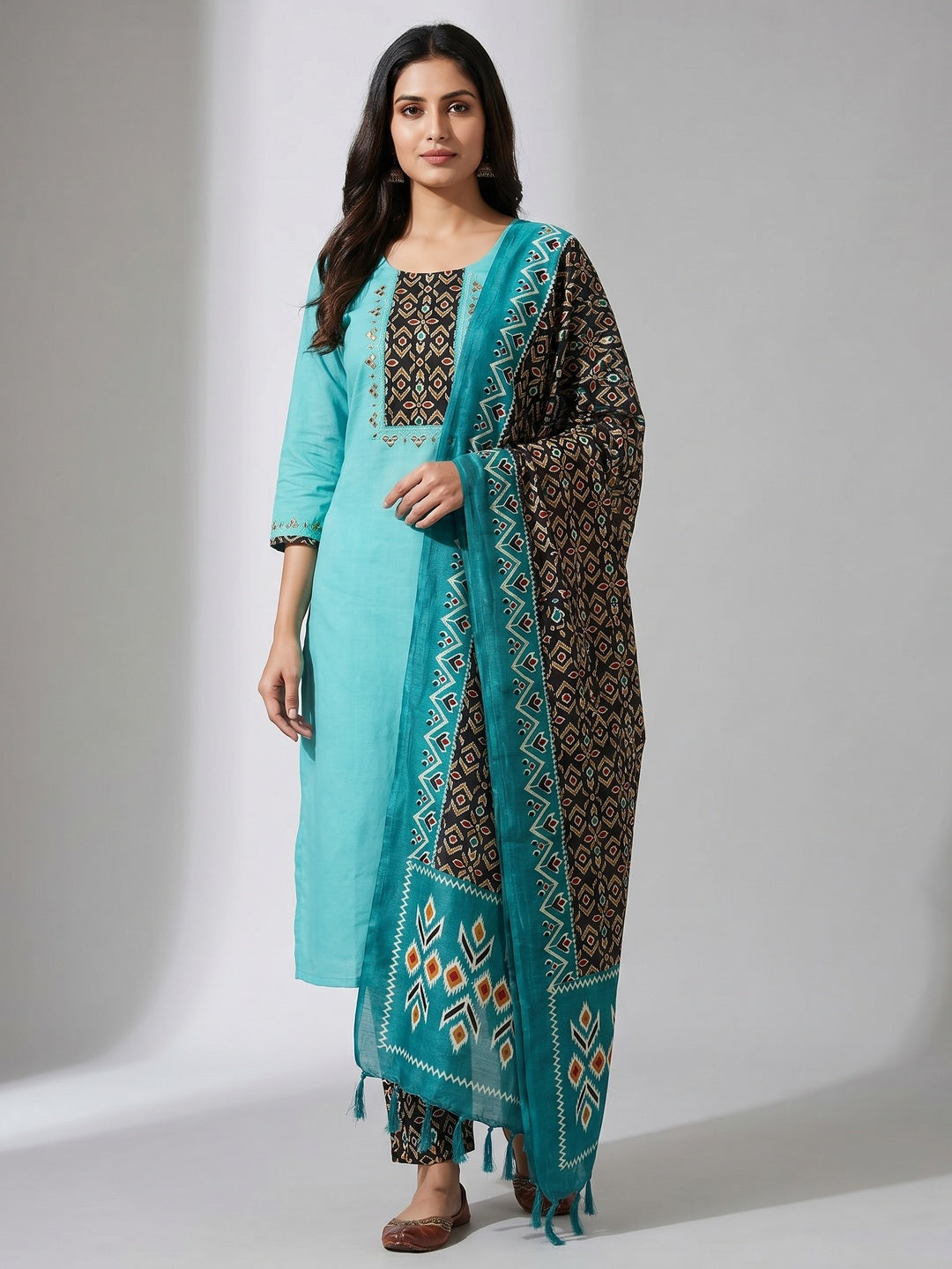 Blue Festive Wear Embroidery With Embellished Cotton Dress Material - Image 1