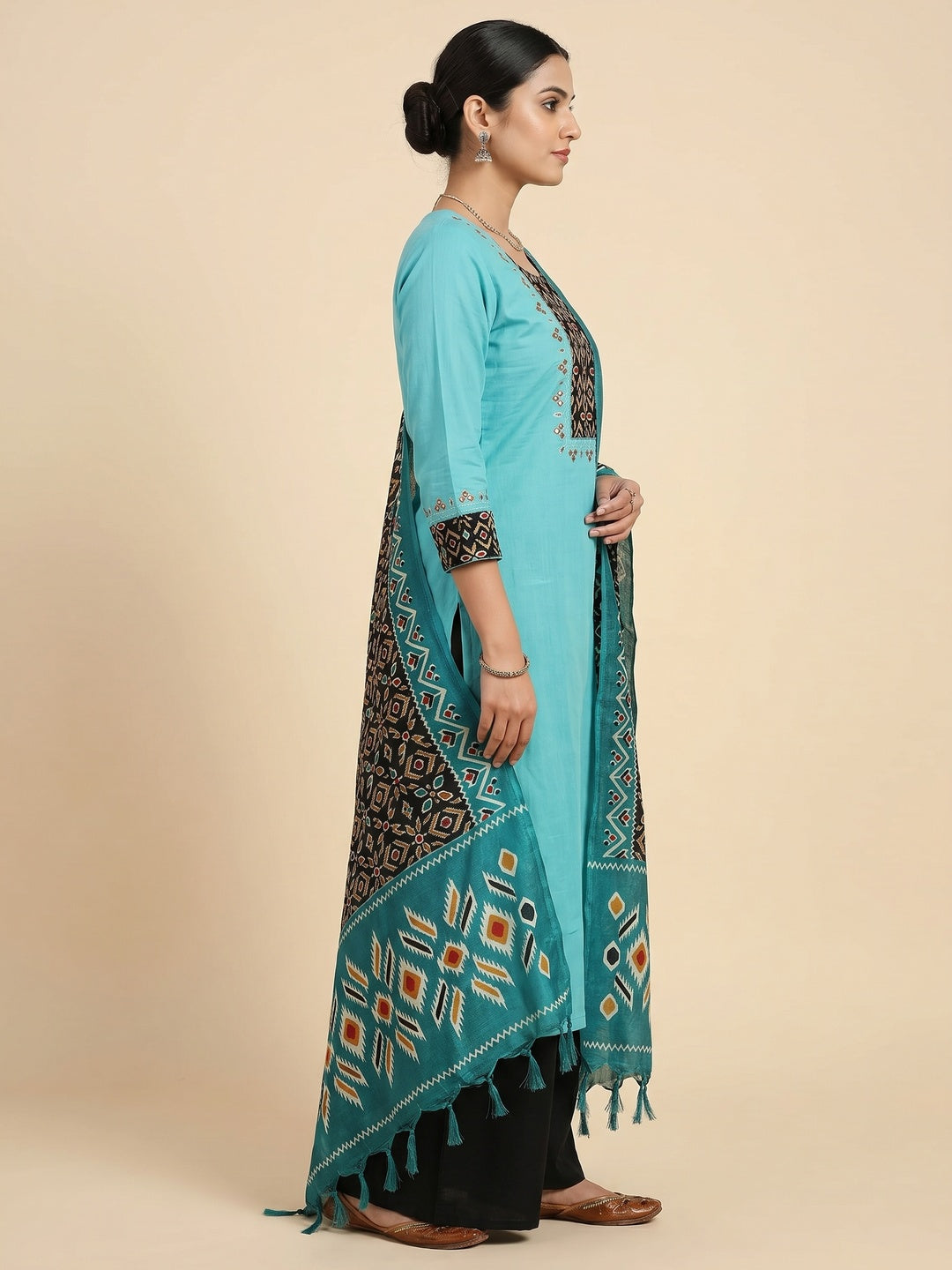 Blue Festive Wear Embroidery With Embellished Cotton Dress Material - Image 3