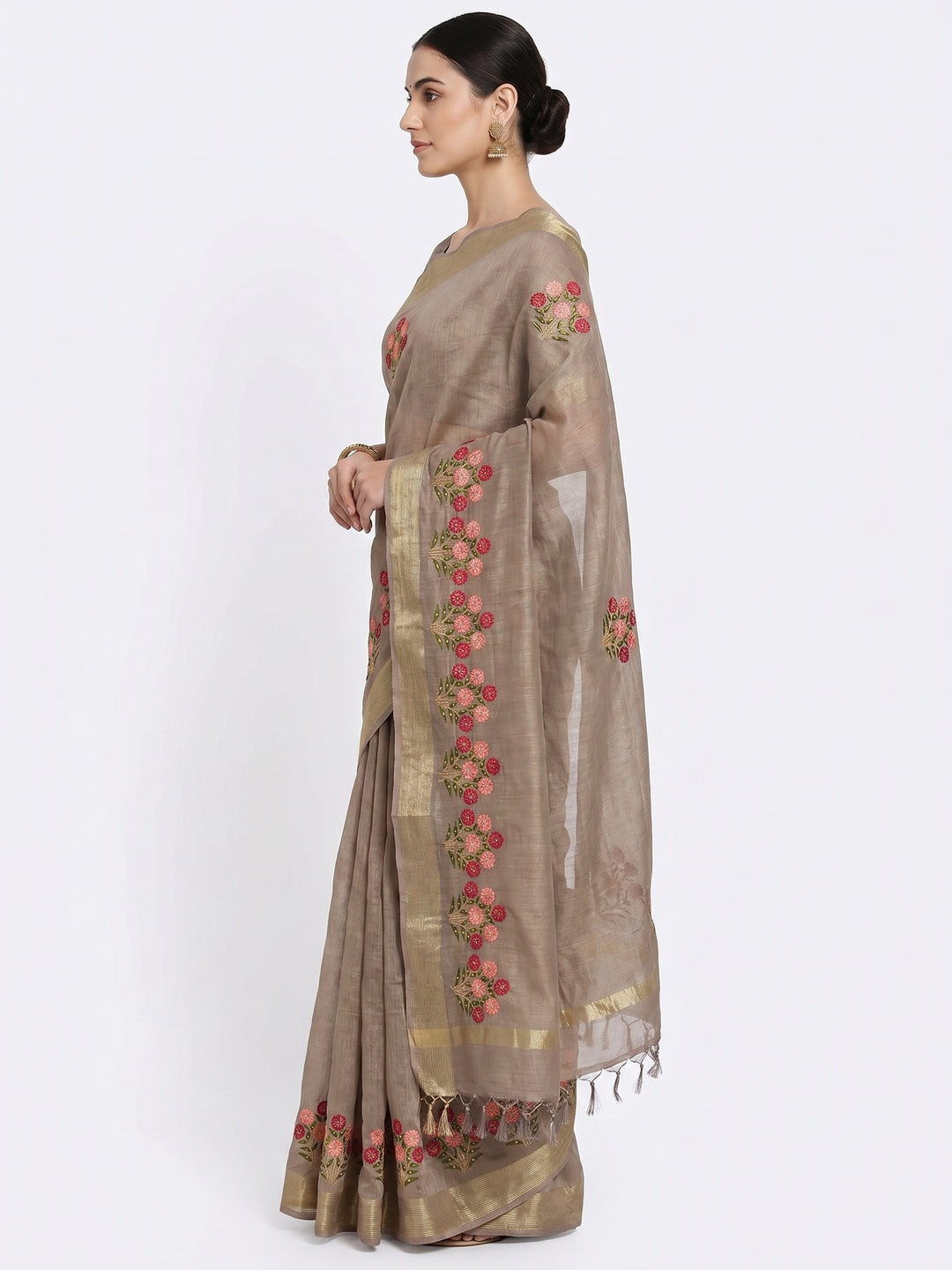 Brown Festive Wear Floral Embroidered With Embellished Cotton Saree - Image 2