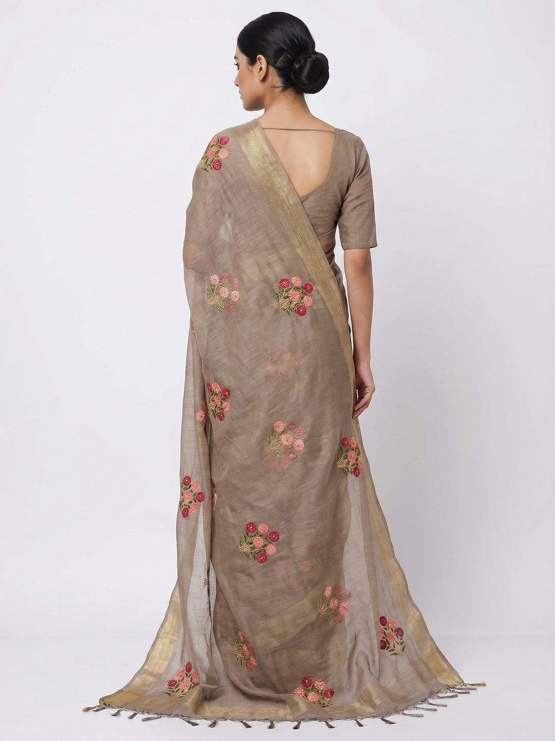 Brown Festive Wear Floral Embroidered With Embellished Cotton Saree - Image 3