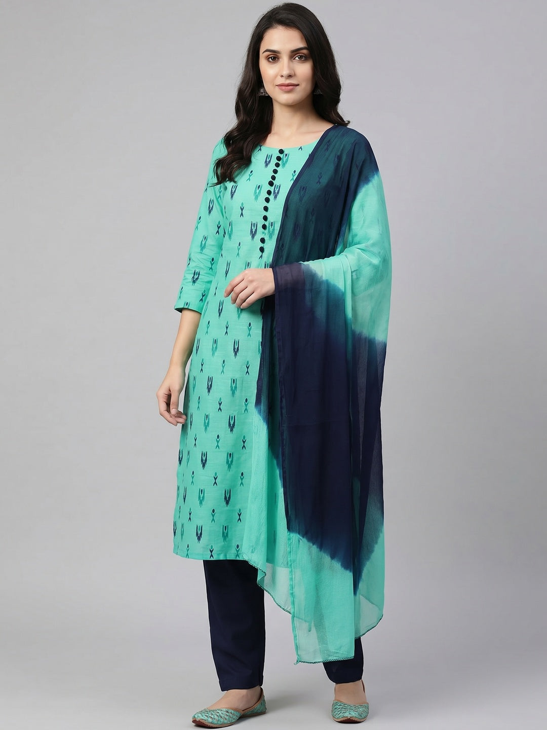 Sea Green Printed Cotton Dress Material - Image 1