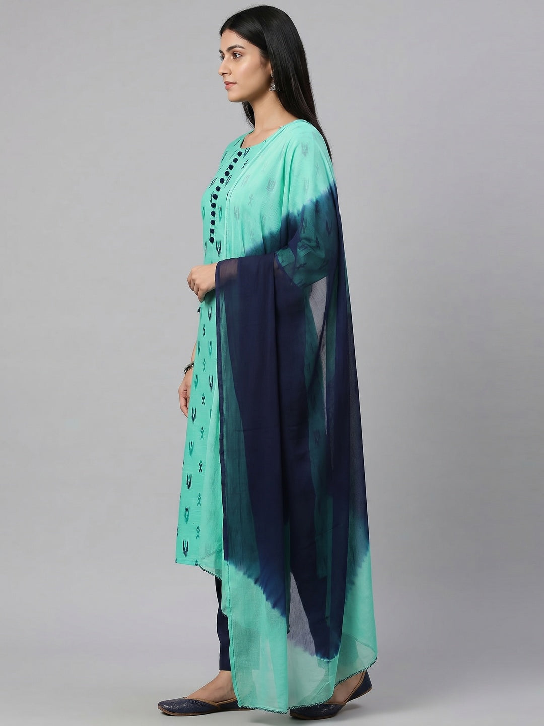 Sea Green Printed Cotton Dress Material - Image 3