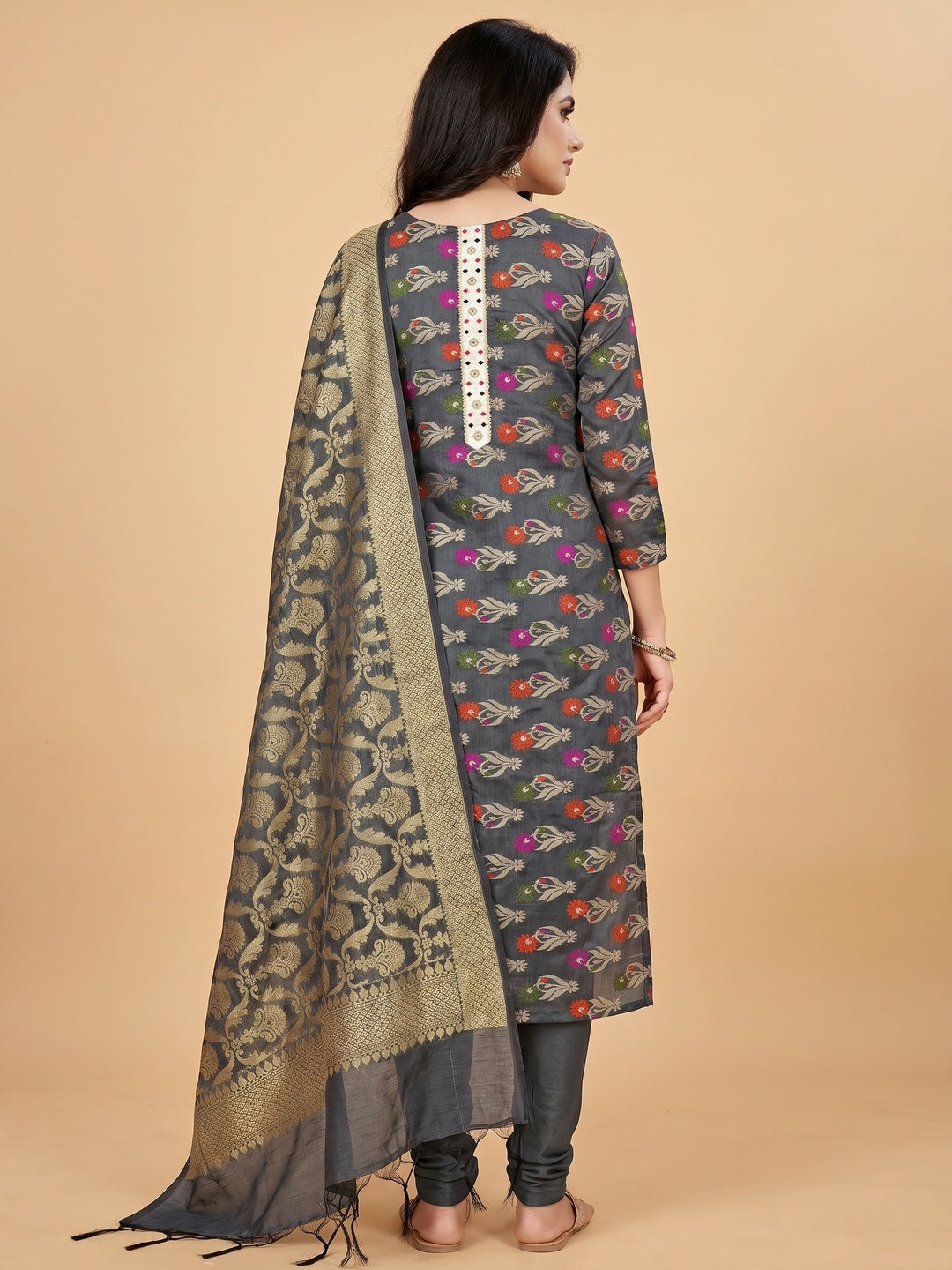 Grey Woven Banarasi Dress Material - Image 3