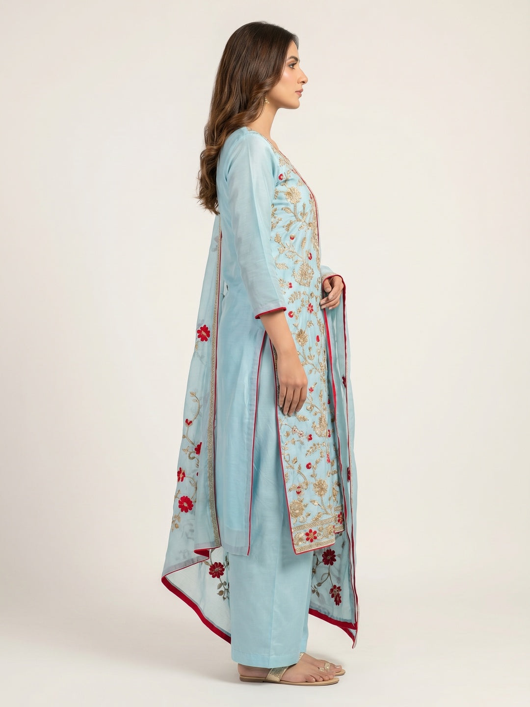 Blue Floral Embroidered Chanderi Dress Material - Image 3