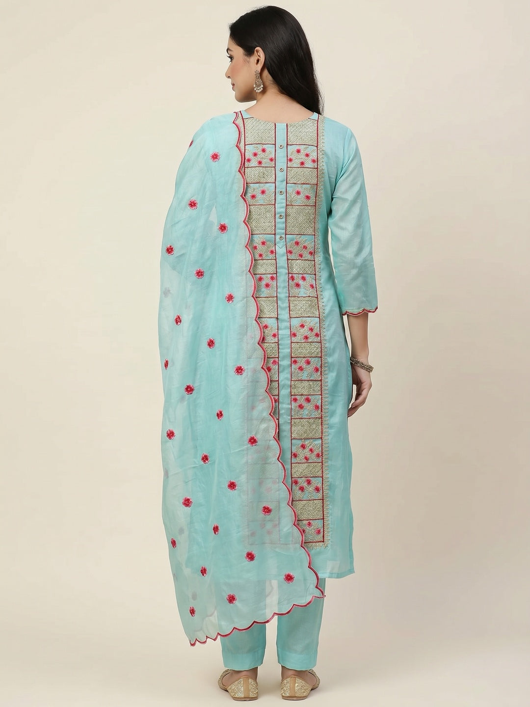 Blue Floral Embroidered Chanderi Dress Material - Image 2