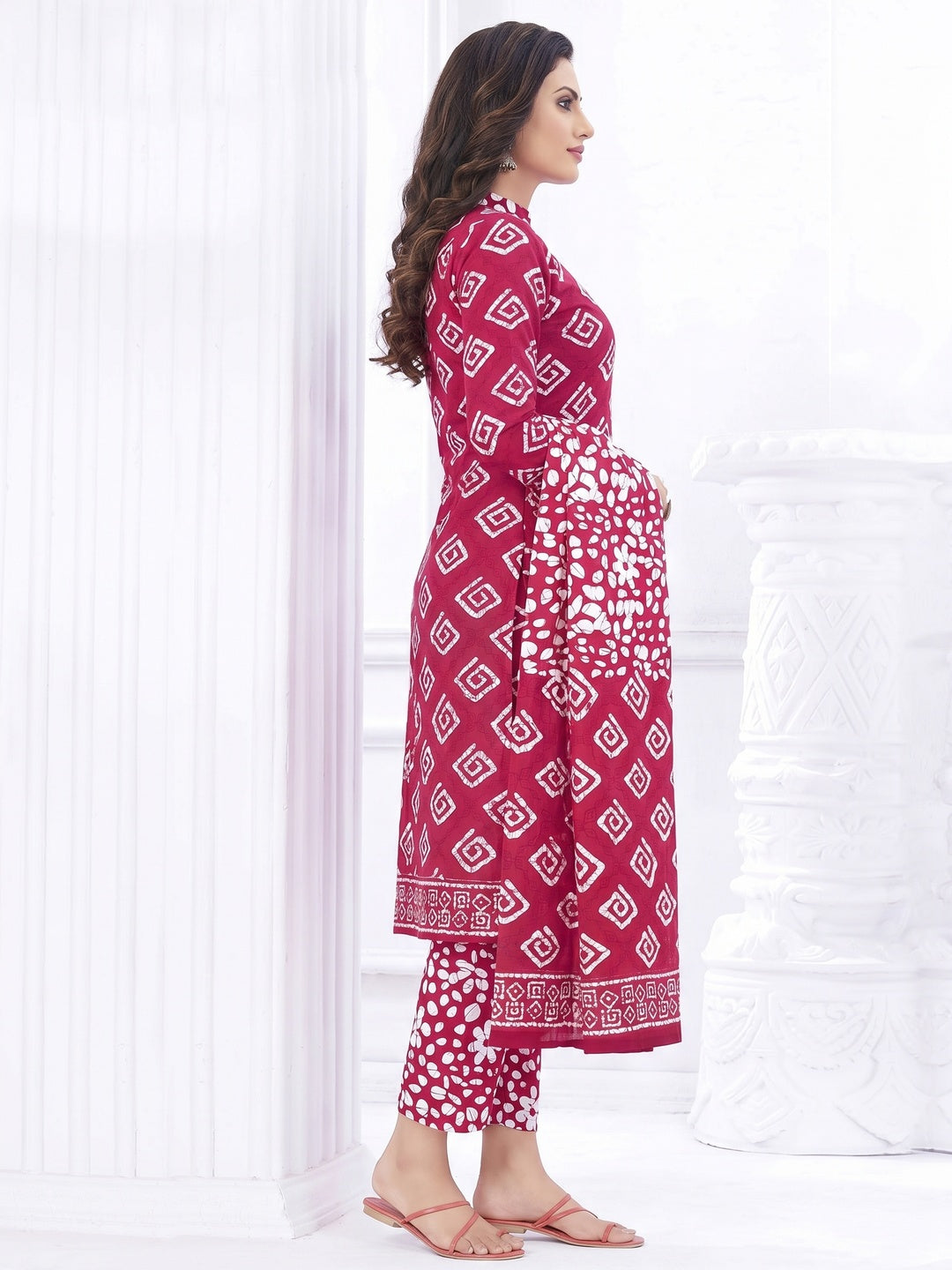 Pink Casual Wear Printed Cotton Dress Material - Image 1