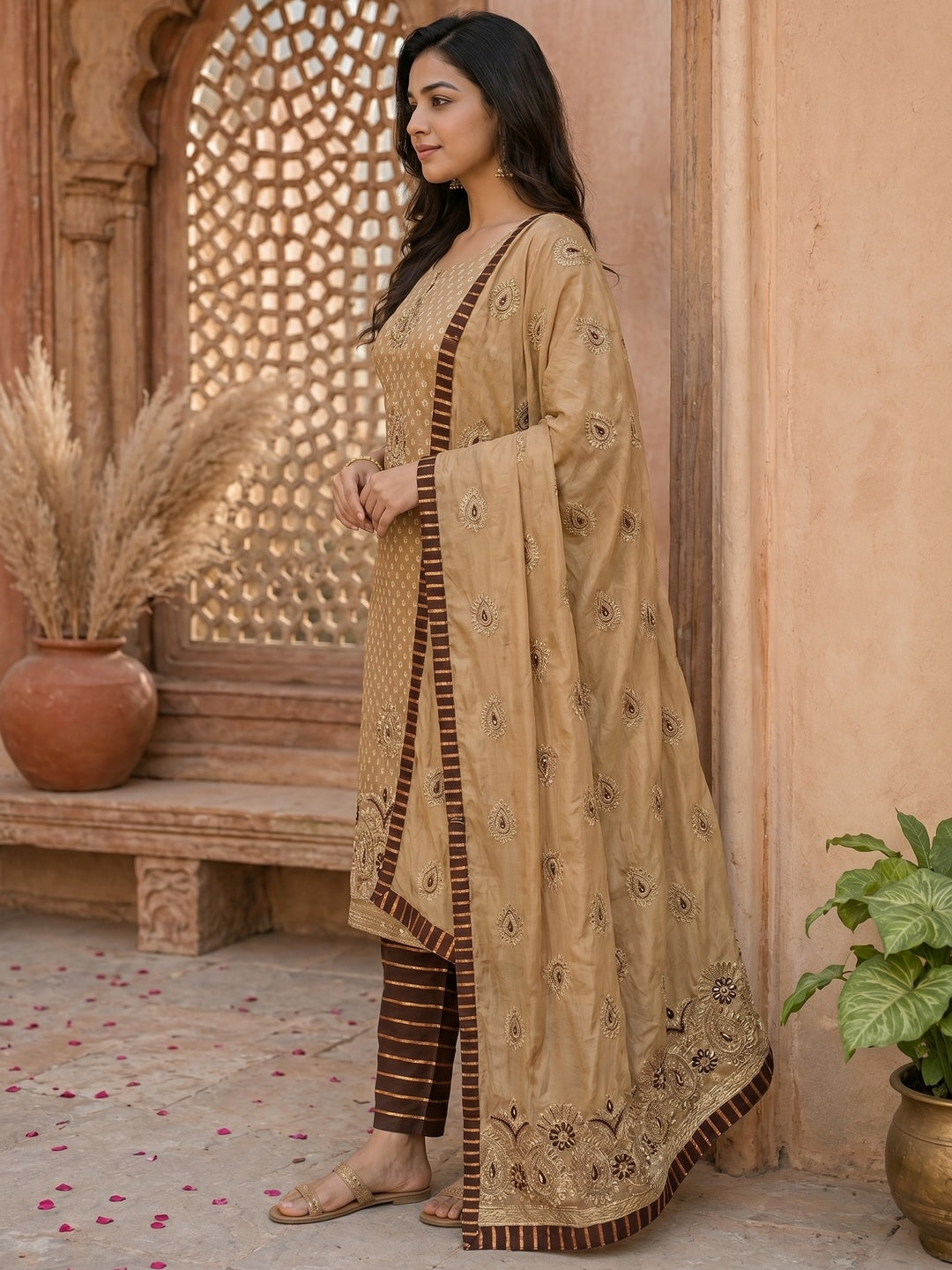 Cream Zardosi Work Fancy Fabric Dress Material - Image 3