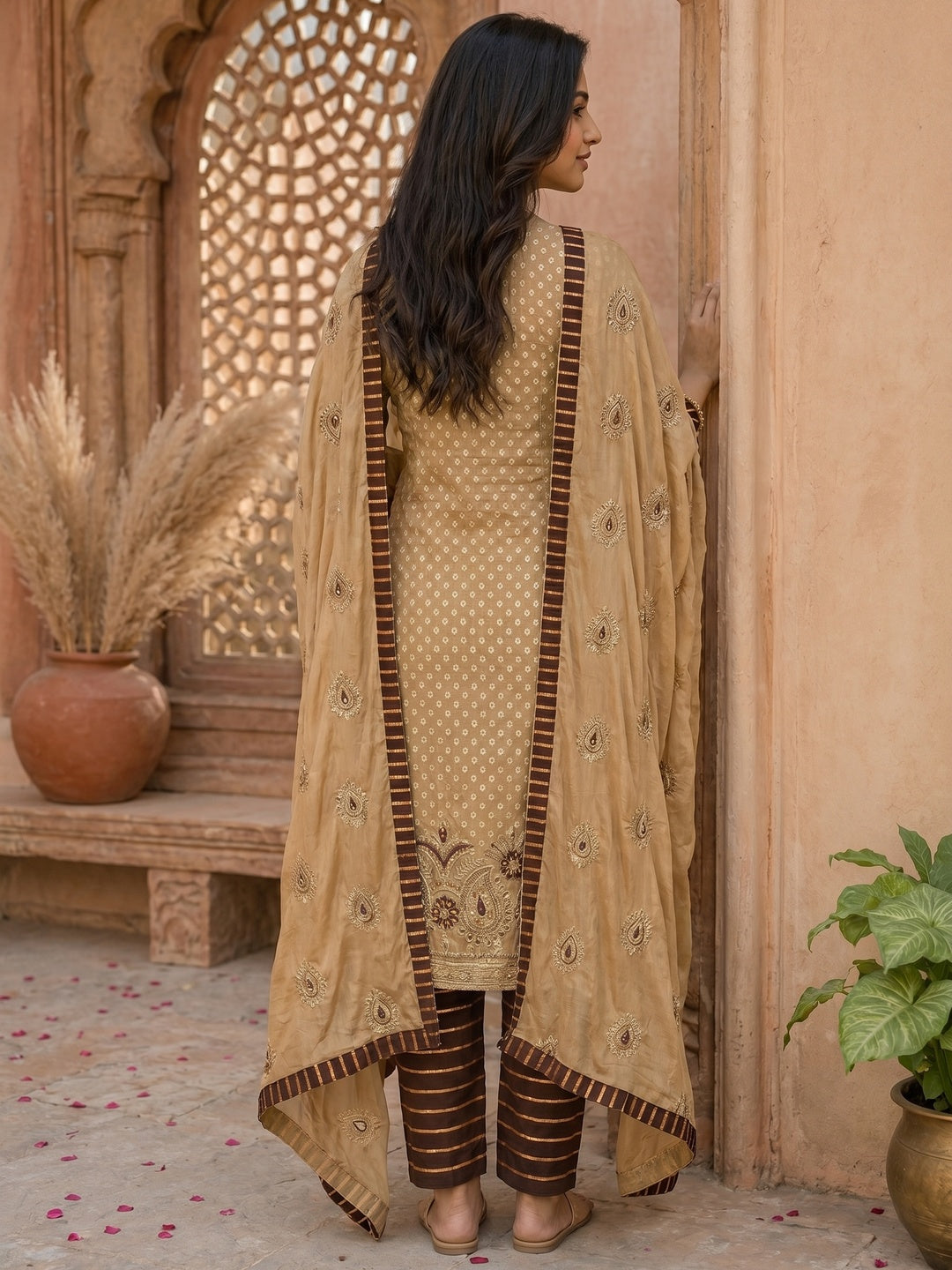 Cream Zardosi Work Fancy Fabric Dress Material - Image 2