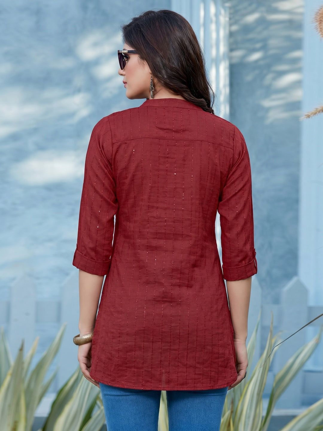 Maroon Sequins Embroidered Cotton Silk Top - Image 1