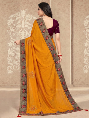 Yellow Embellished Vichitra Silk Saree - Image 1