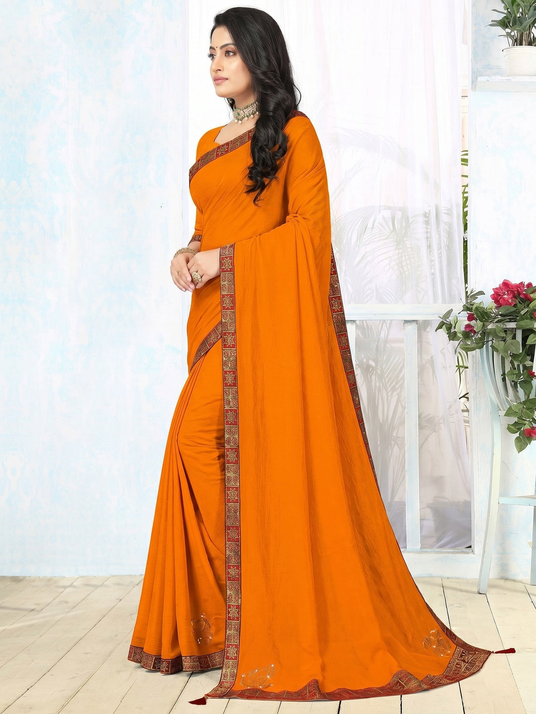 Yellow Embellished Vichitra Silk Saree - Image 3