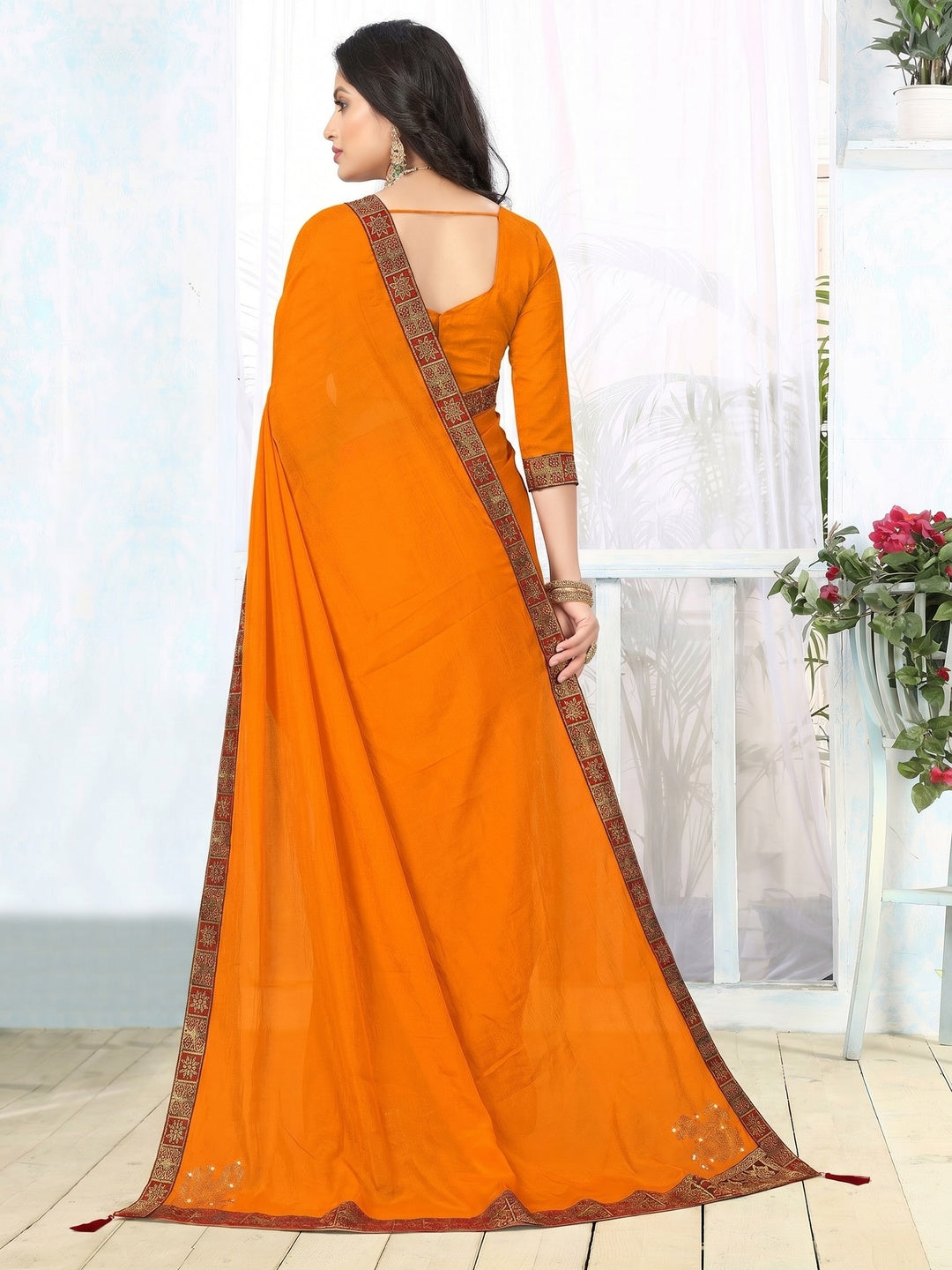 Yellow Embellished Vichitra Silk Saree - Image 2