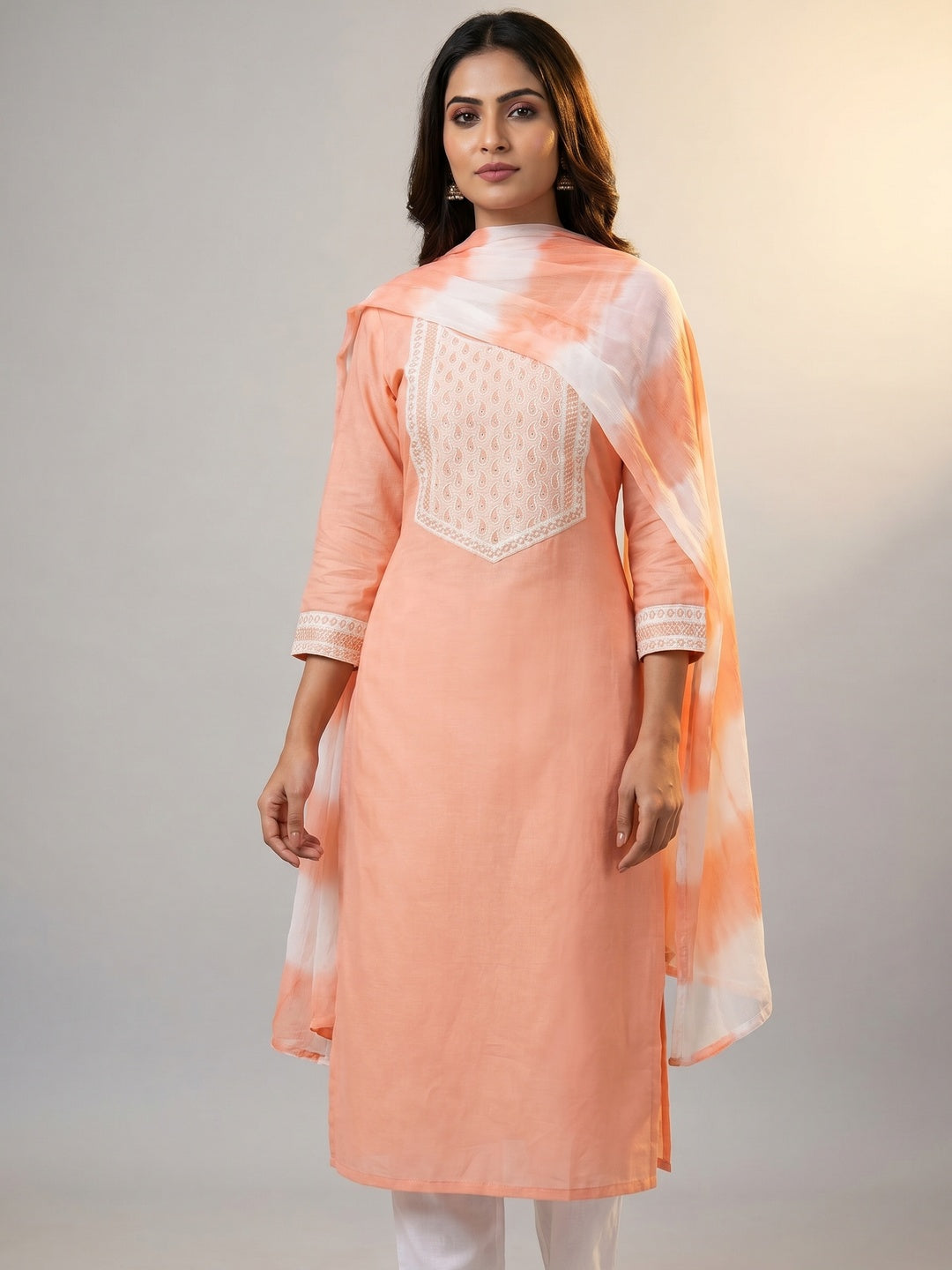 Peach Embroidered Pure Cotton Dress Material - Image 1