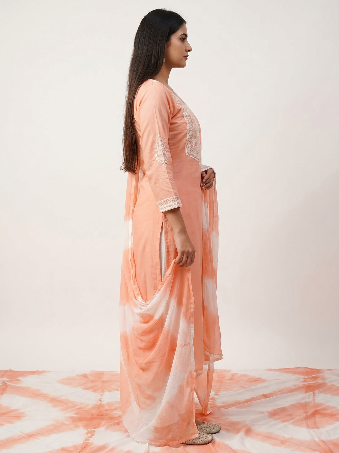Peach Embroidered Pure Cotton Dress Material - Image 3
