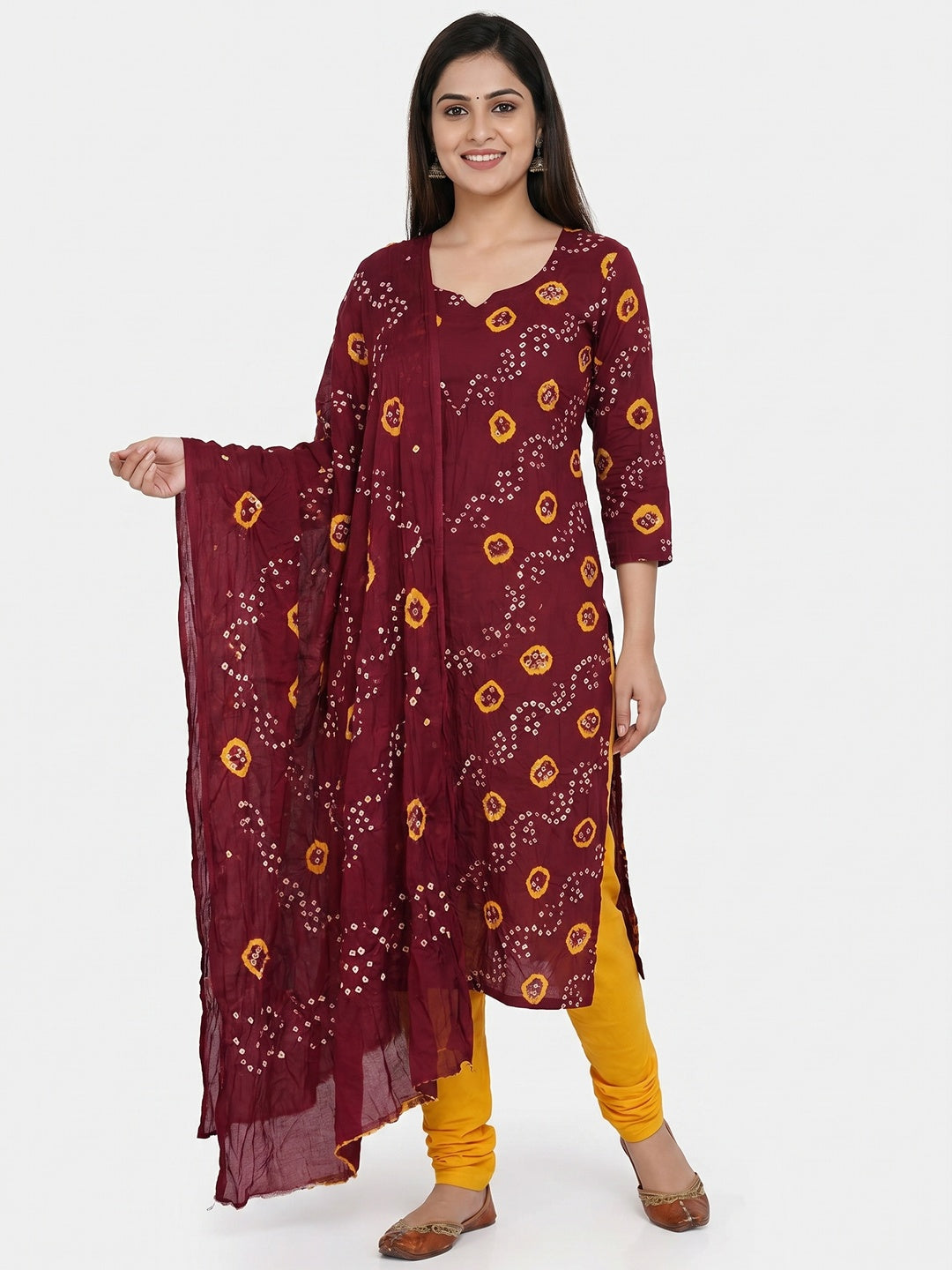 Maroon Bandhani Printed Pure Cotton Dress Material - Image 1