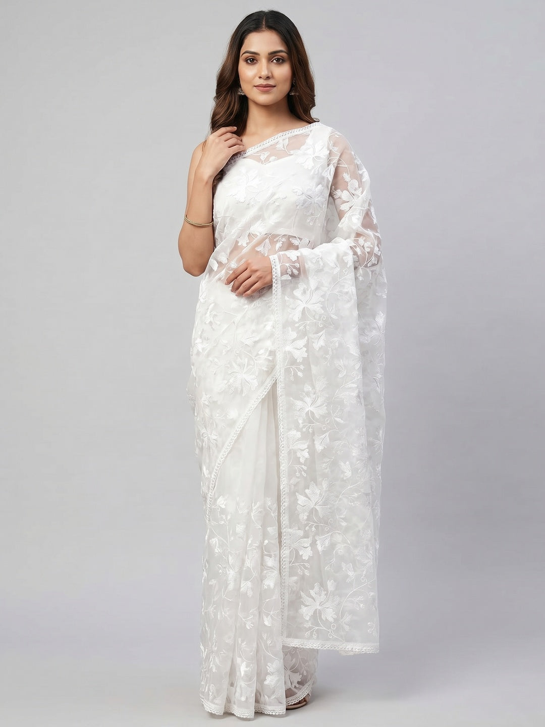 White Floral Embroidered Organza Saree - Image 1