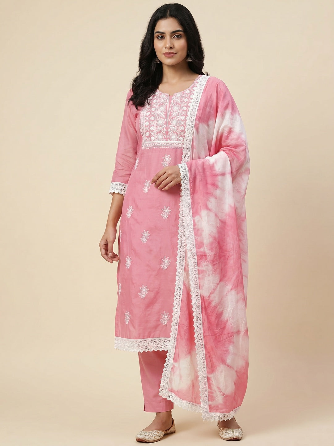Pink Floral Embroidered Chanderi Dress Material - Image 1