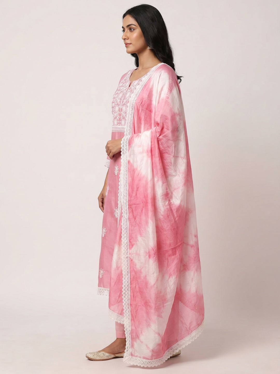 Pink Floral Embroidered Chanderi Dress Material - Image 3