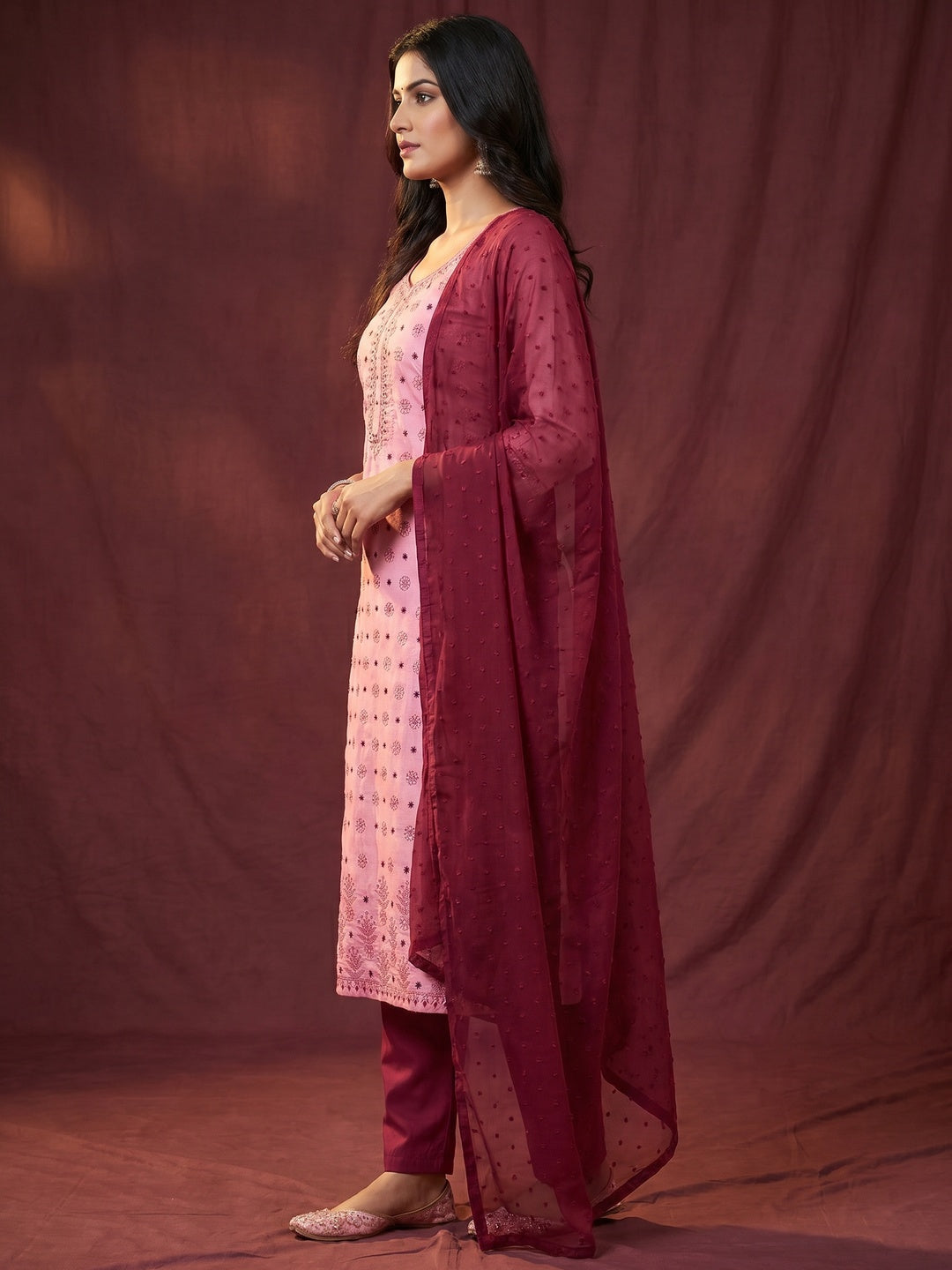 Pink Floral Embroidered Art Silk Dress Material - Image 3